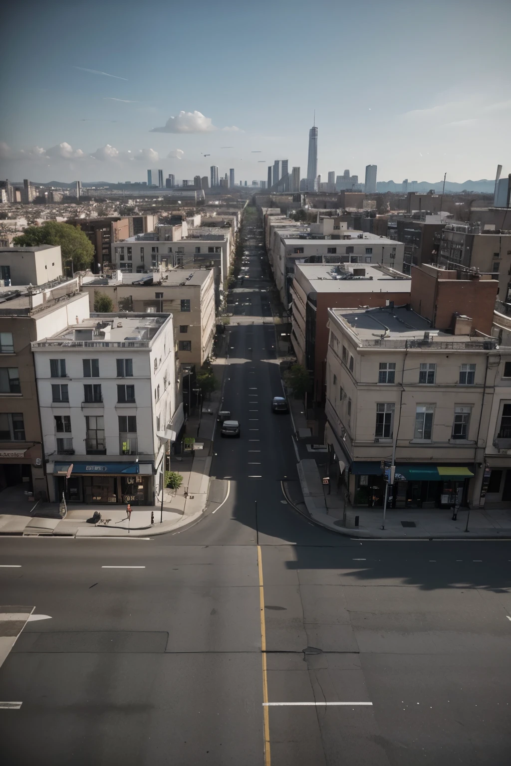 horizontal city landscape, wide view, streets, trees, buildings and people, (3D render monochromatic), high detail, 16:9 scale.