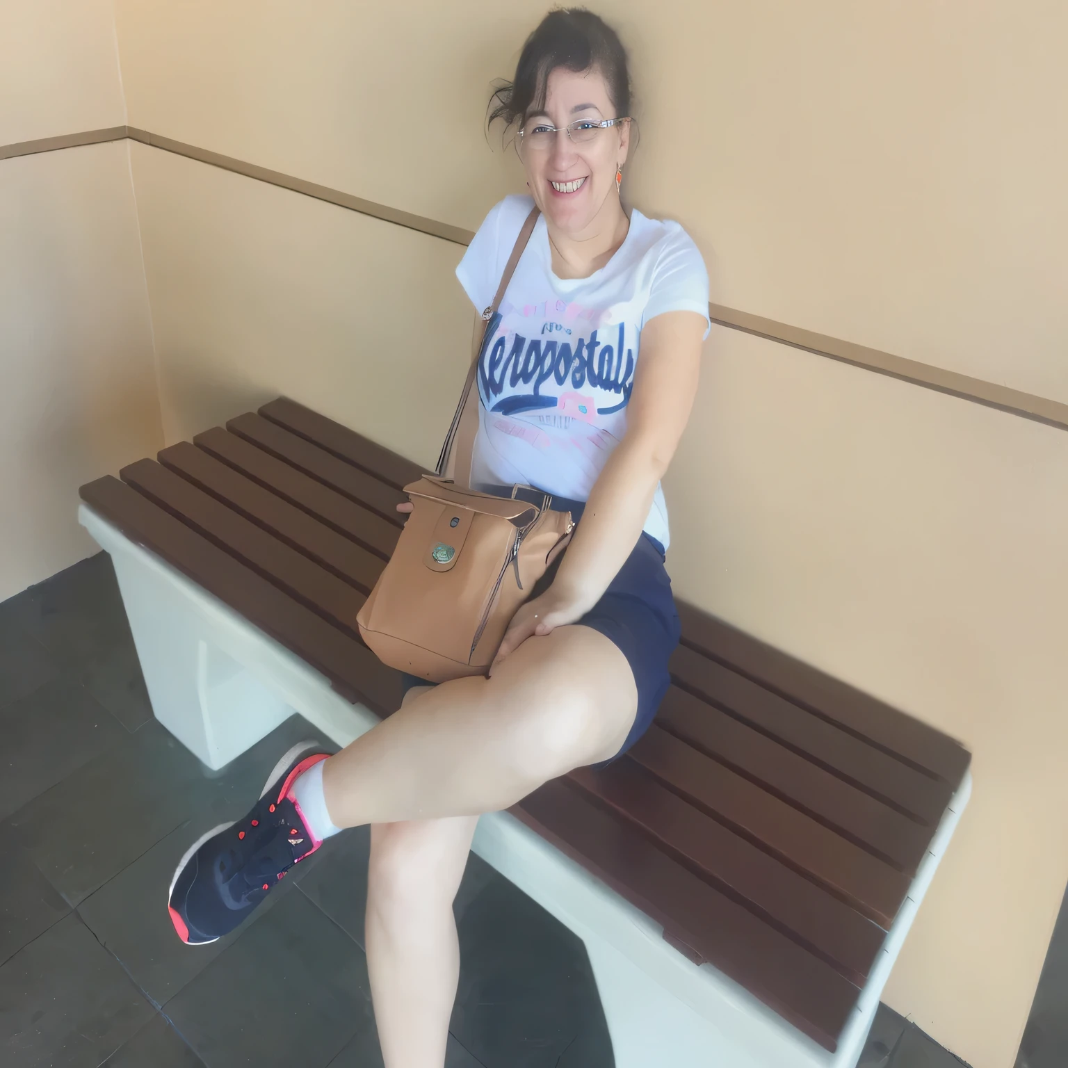 there is a woman sitting on a bench with a purse, sitting on bench, sitting on a bench, sitting on a park bench, vacation photo, 30-year-old woman from cuba, 30 years old woman, 3 0 years old woman, at the park, at a mall, tan skin a tee shirt and shorts, sitting down casually