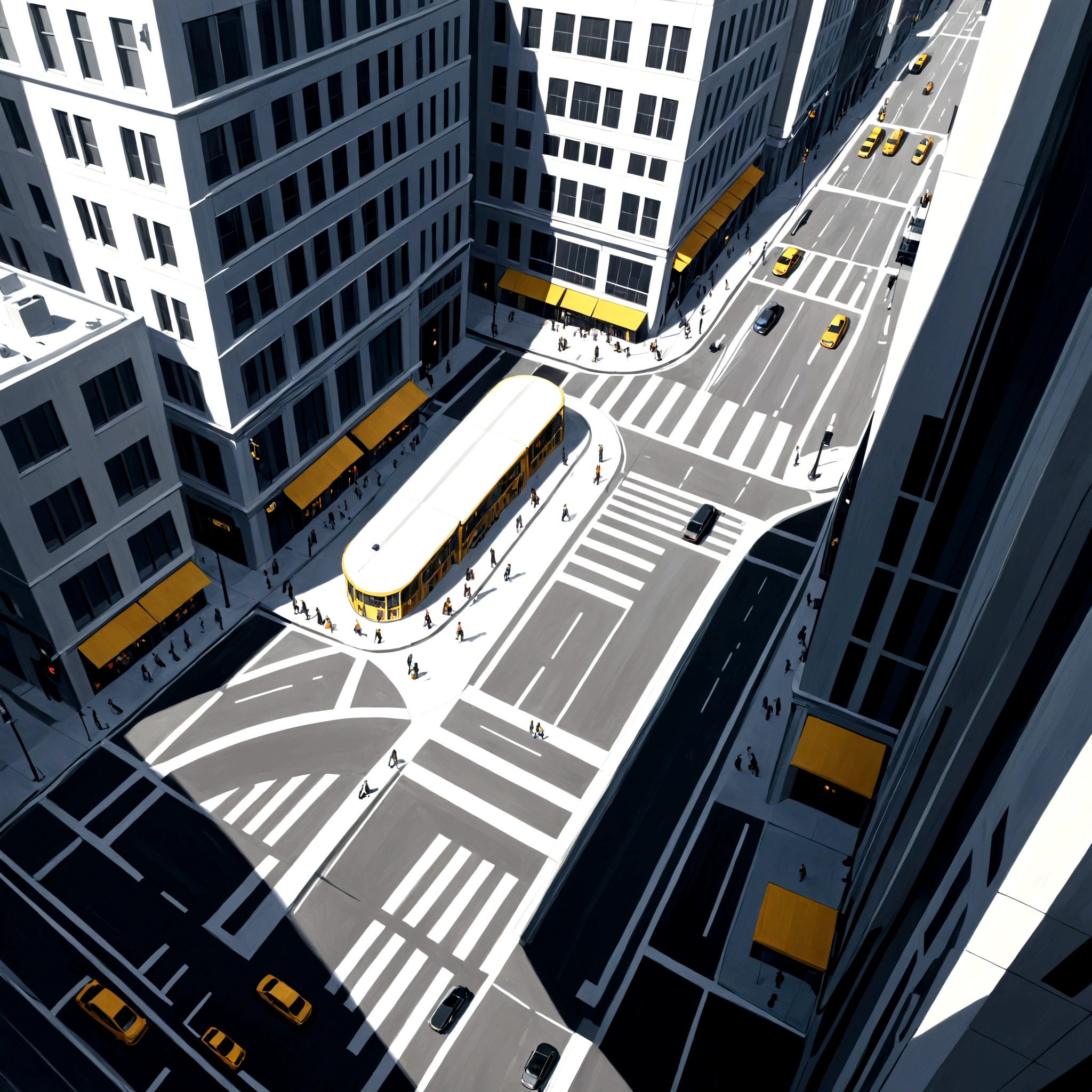 detailed drawing, cityscape with a bustling street scene in a bird's eye view. The left half of the panel should feature a tall building with yellow windows, while the right half should depict a busy intersection with people rushing about. The sunlight should be bright, casting long shadows on the streets. Use bold lines and curved shapes for a stylized effect, grey scale: 2,