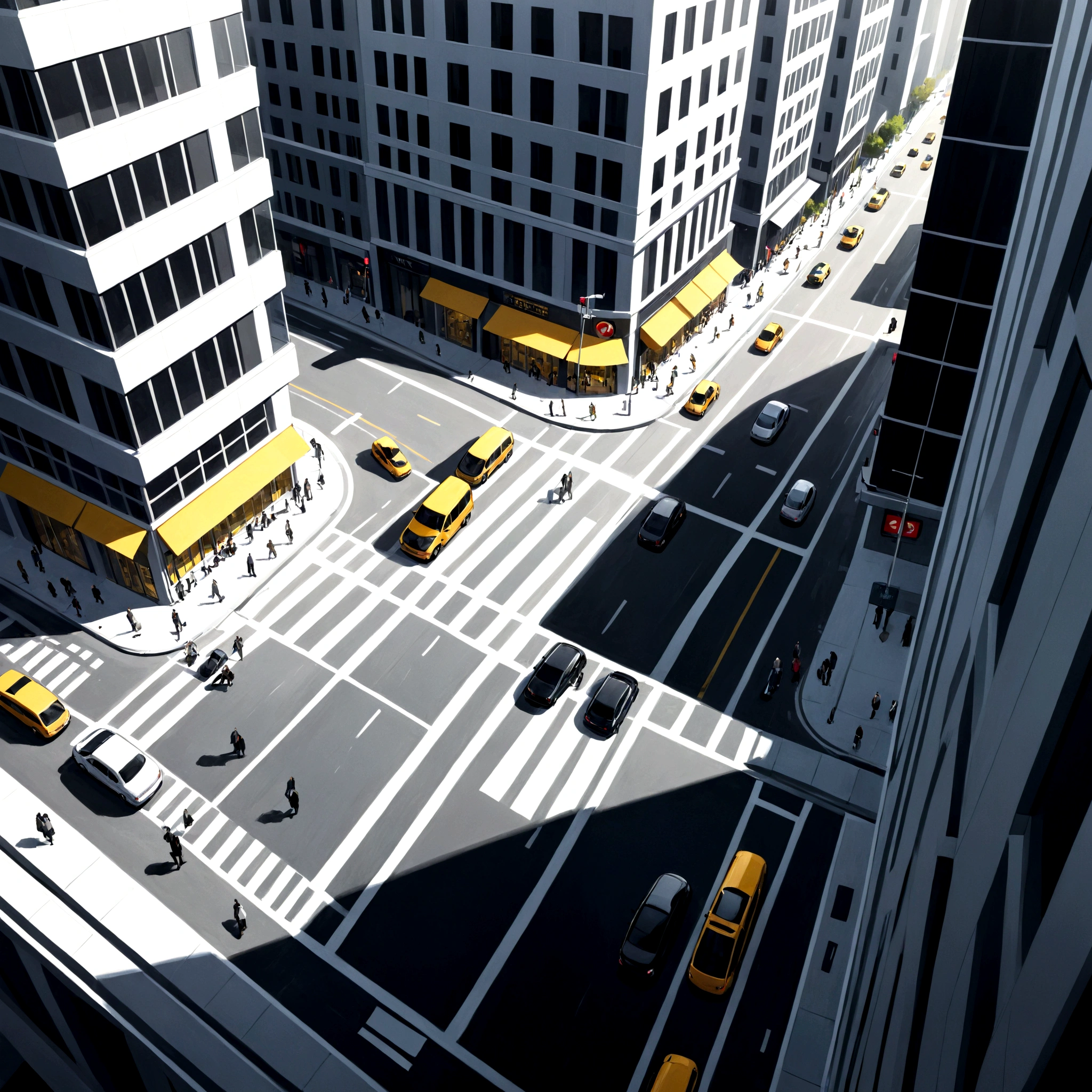 detailed drawing, cityscape with a bustling street scene in a bird's eye view. The left half of the panel should feature a tall building with yellow windows, while the right half should depict a busy intersection with people rushing about. The sunlight should be bright, casting long shadows on the streets. Use bold lines and curved shapes for a stylized effect, grey scale: 2, 