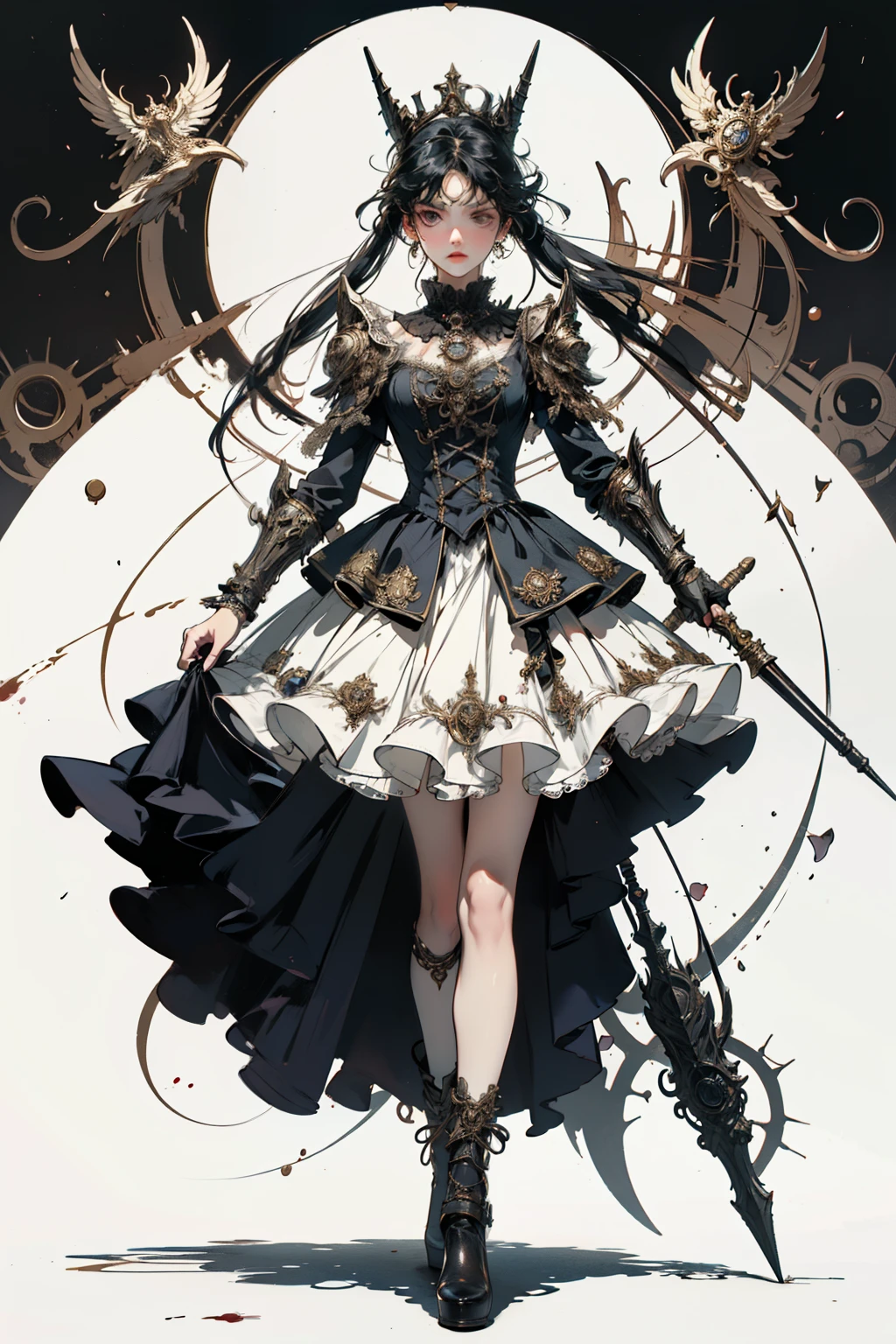 ((best quality)), ((masterpiece)), (detailed), perfect face ((best quality)), ((masterpiece)), (detailed), blank white background, plain background, white background, Bloodborne inspired, occult aesthetic, occult, detailed and intricate steampunk and detailed gothic, (zentangle, mandala, tangle, entangle), NSFW, torn clothing, Very dramatic and cinematic lighting, cosmic horror, grim-dark, side-lighting, perfect face, a beautiful goddess adorned and enshrined in armour, Bloodborne inspired , occult aesthetic , occult , detailed and intricate steampunk and detailed gothic , wielding a sword and holding a shield, NSFW, Fluttering lace flared short dress with frilly petticoats, knee length dress, pleated petticoats, lolita dress, petticoats gothic lolita, side-lighting, gothic lolita aesthetic, beautiful small breasts, small breasts, full body, whole body, body, plain background, white background, blank background, no background, white background NSFW, full body, whole body, head-to-toe