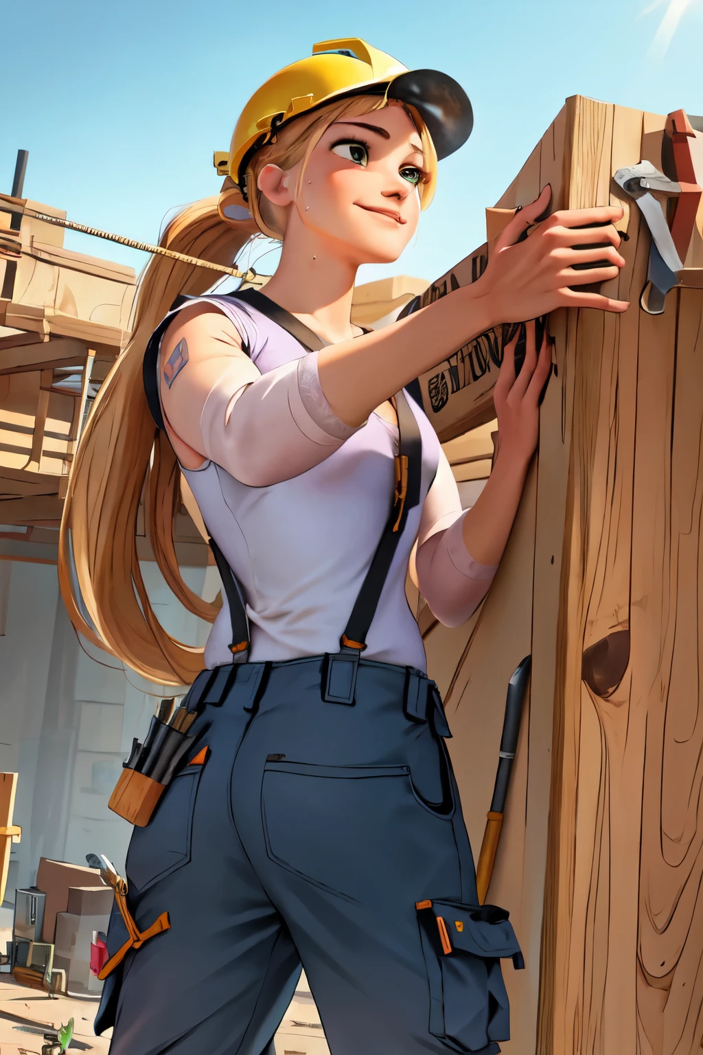 (masterpiece:1.2), (best quality), (ultra detailed), (8k, 4k, intricate),(highly detailed:1.2),(detailed face:1.2), (highly detailed background of construction site wth rebar and cranes),(portrait),detailed landscape,(action pose:1.2),rapunzel  1girl, solo, long hair, looking away from viewer, smile, blonde hair, long sleeves, dress, walking with urgency, side profile of entire body walking, side view of face, very long hair tied up, green eyes, carpenter, woodworker, construction worker, contractor 

Rapunzel portrayed as a construction worker, carrying a large long wooden beam on her shoulder, dressed in carpenters attire, baggy cargo overalls, suspenders, tools in pockets, safety goggles, work gloves, wearing a hardhat/safety helmet, durable work boots, knee pads, bandana, tattoos with floral and sun motifs visble, sweating from brow, determined smirk, holding woodworking tools, working on a construction site, tools and machinery are visble, curvy, beautiful 