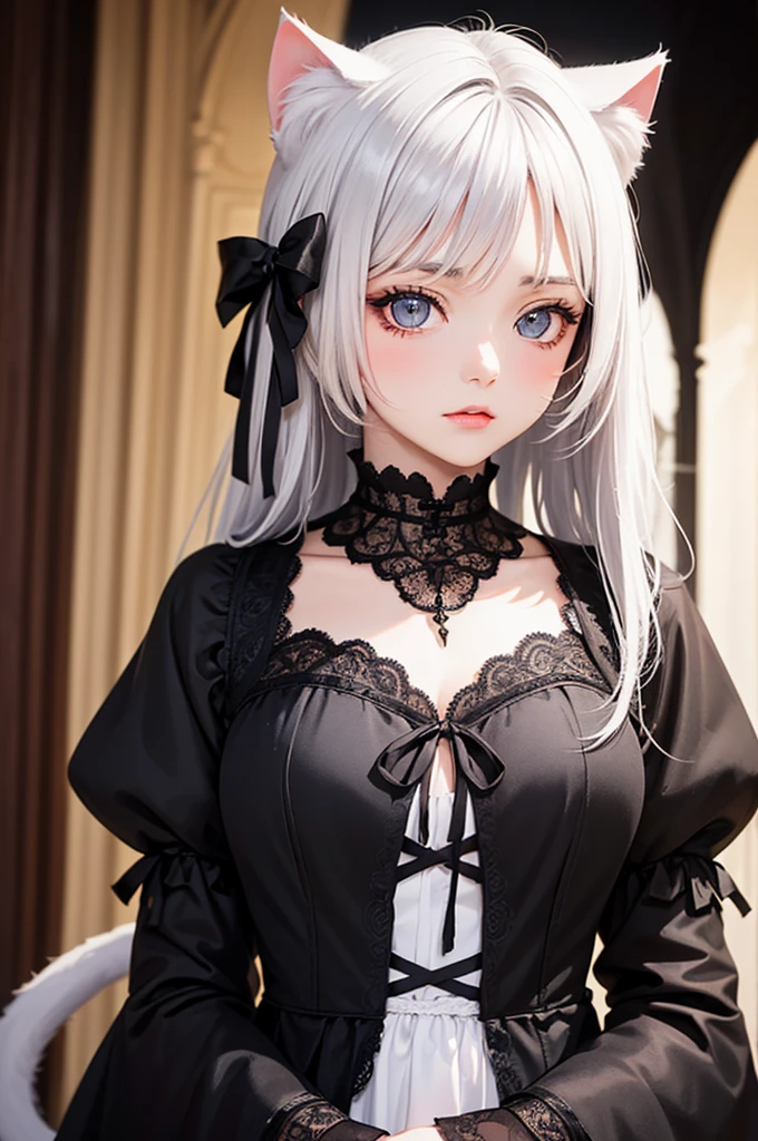 (top-quality),(masuter piece),Delicately drawn face,girl with a pretty face,(Cat ear:1.3),beautiful detailed eyes,Gothic Lolita Fashion,((Black and white costume)),(Beautiful silky silver hair:1.2),black ribbon hair ornament,Film Lighting,in Gothic room,cowboy shot