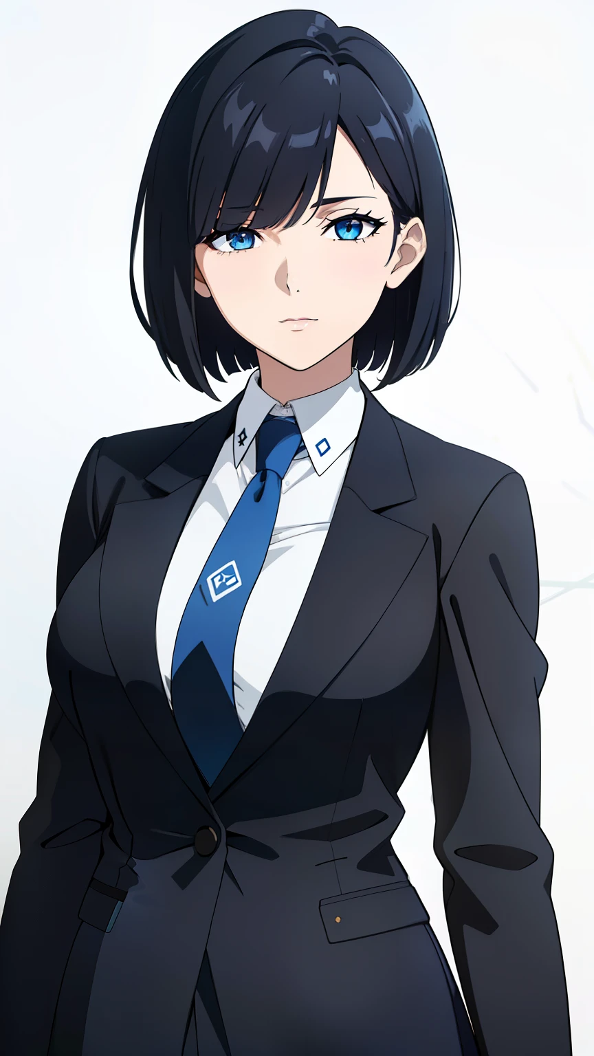 (best quality:1.5, highres, UHD, 4K, detailed lighting, shaders), black hair, bob cut, wavy hair, hair covering one eye, cool woman, cool girl, sharp eyes, blue eyes, beautiful, large breasts, simple background, formal suit, necktie, jacket, (professional shot)