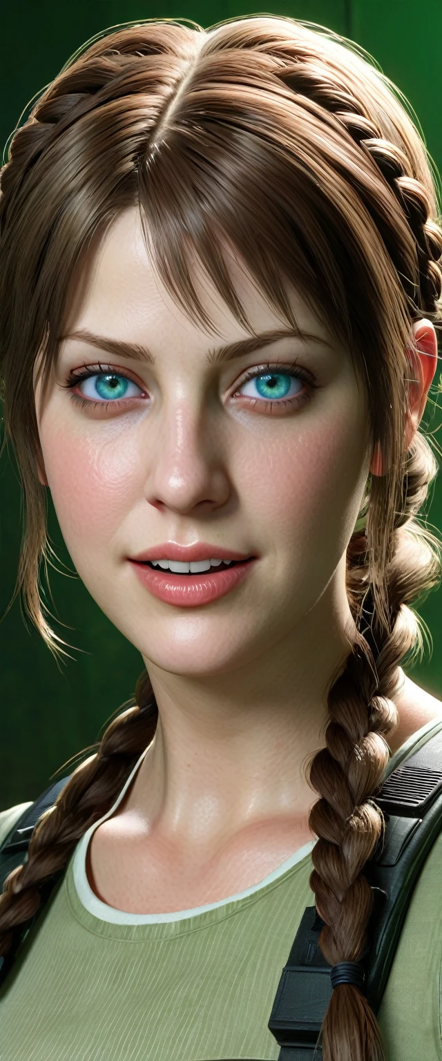 Long brown hairn in two braids, baby blue eyes, parted plump lips, white teeth, portrait, green , realistic, 3d character, resident evil, Rebecca Chambers, ultra hd, masterpiece