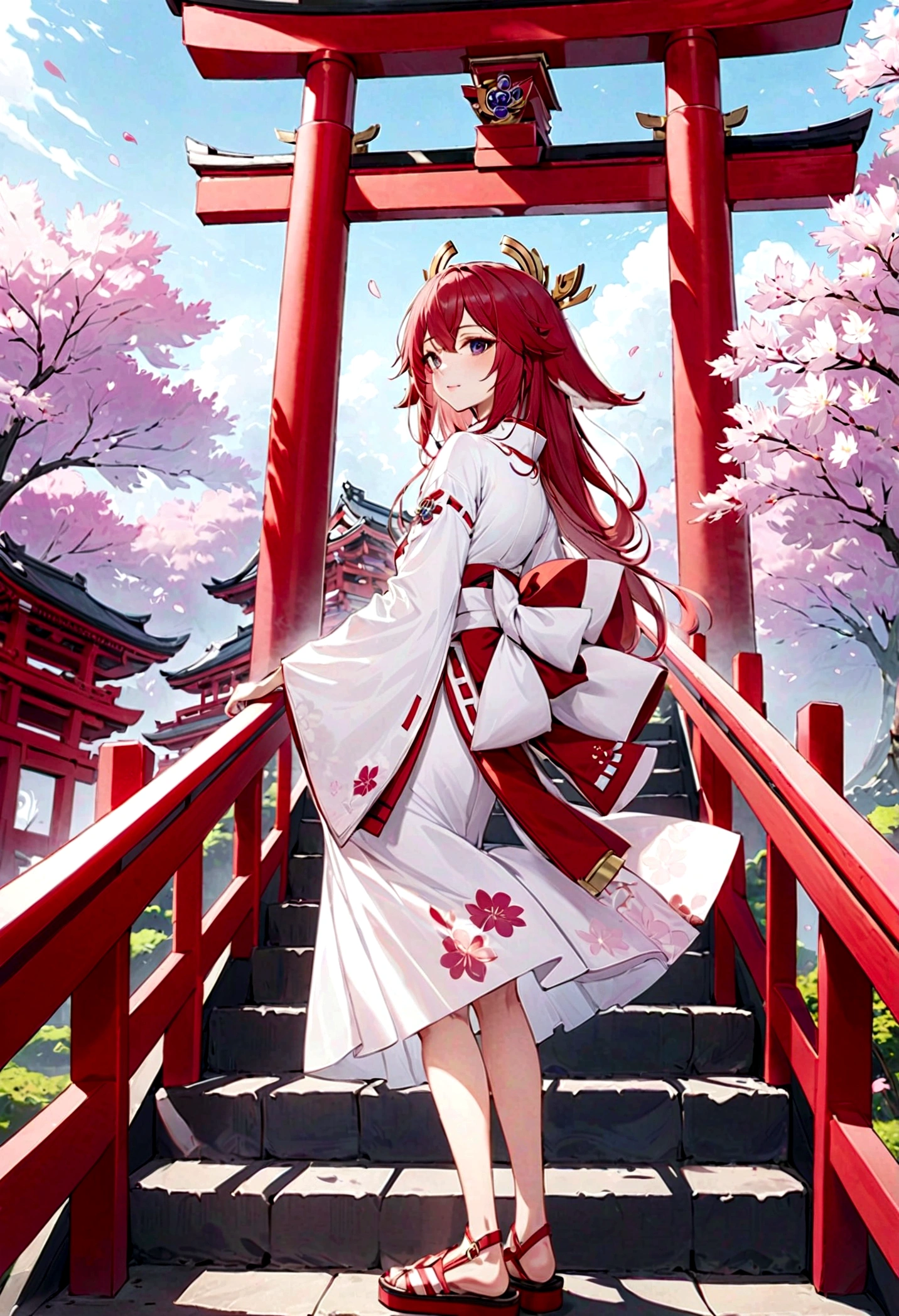 (masterpiece, best quality: 1.2),  Yae Miko, Genshin, outdoor,Red Torii,Tree,stairs,look back，Cherry blossoms，Sky，petal，Clogs sandals，White Kimono，