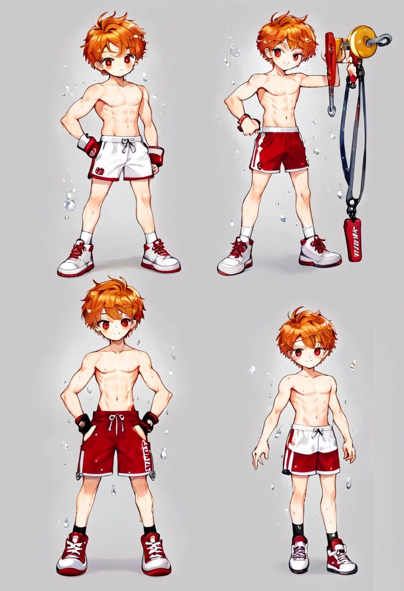 very cute -yeld gin irish kid boy, fckles, shirtless, muscular body, athletic build, crimson sports shorts, white sports sneakers with red details, very sweaty, high detailed, 4K, front view, full body, CLAMP art style