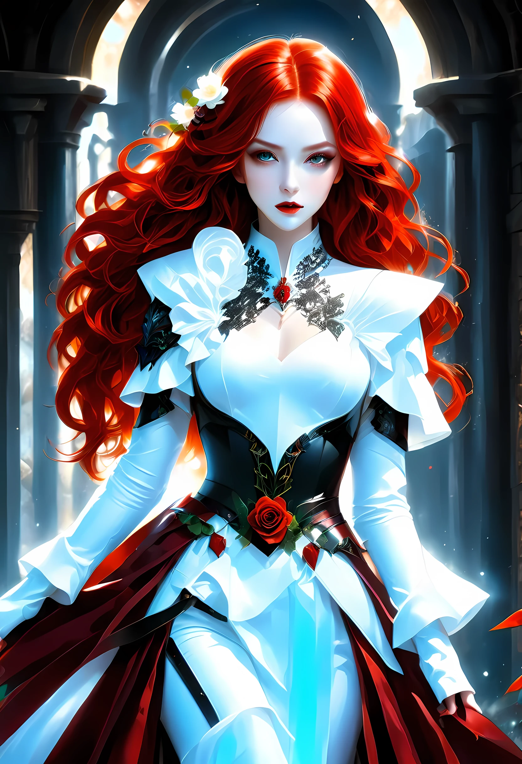 Arafed, action shot, Dark fantasy art, fantasy art, goth art, a picture of a female vampire, exquisite beauty, full body shot, dark glamour shot, pale white skin, red hair, long hair, wavy hair, dynamic eyes color eyes, glowing eyes, she wears a ((white: 1.3)) white tight suit, Armored Dress, she holds a sword in hand, (ready for battle: 1.4) , ((black roses: 1.5)) are imprinted on the suit,  high heels, dark castle, dark, black and color, Dark Art Painting Style, flower dress, dark novel, flower dress