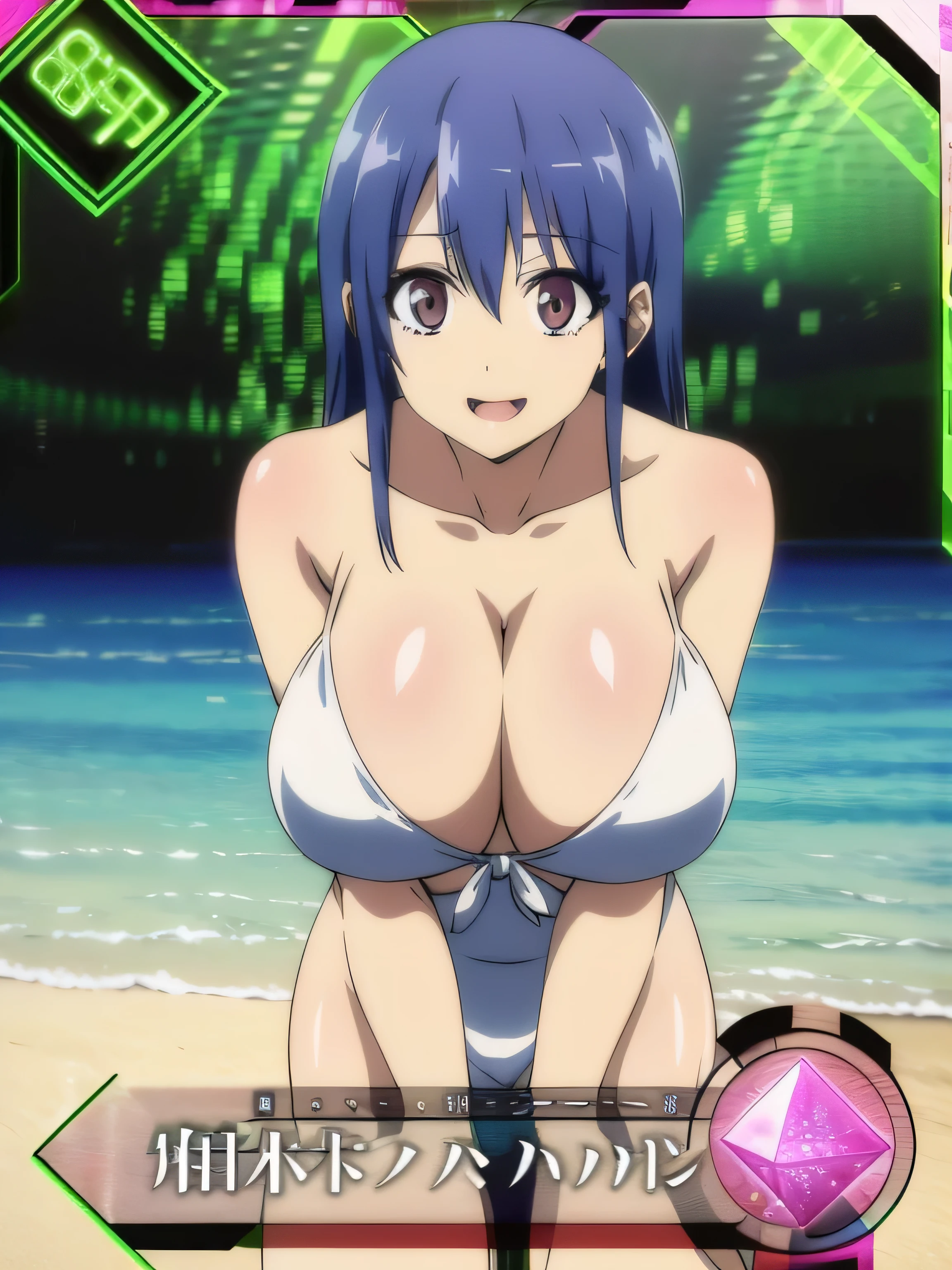 masutepiece, Best Quality,1girl in, (Solo:1.3),(huge-breasted:1),Smile,Long hair,Blue hair,the beach:1.3),standing on、A smile、Opening Mouth,full nude,nipple,sexy pose,