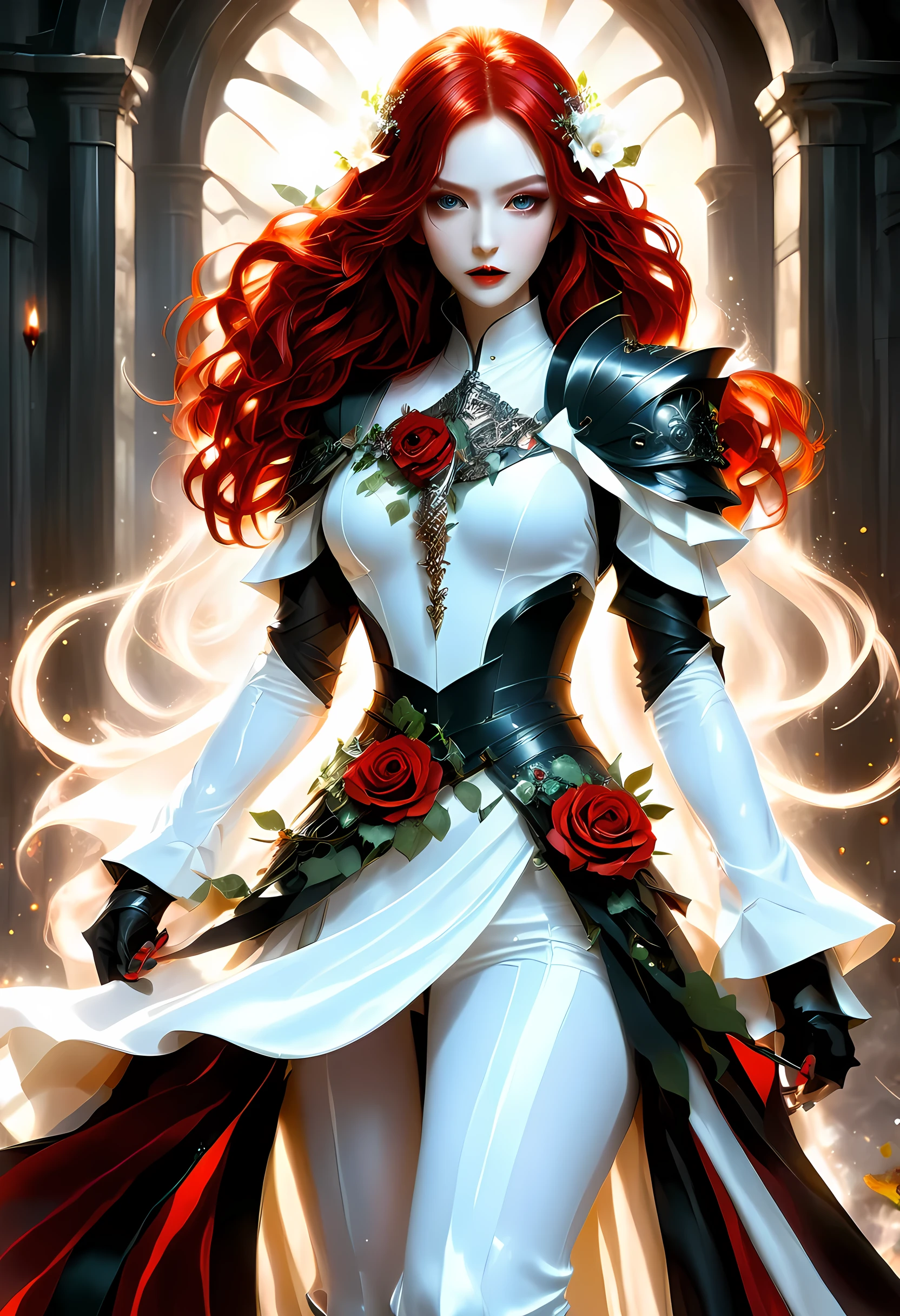 Arafed, action shot, Dark fantasy art, fantasy art, goth art, a picture of a female vampire, exquisite beauty, full body shot, dark glamour shot, pale white skin, red hair, long hair, wavy hair, dynamic eyes color eyes, glowing eyes, she wears a ((white: 1.3)) white tight suit, Armored Dress, she holds a sword in hand, (ready for battle: 1.4) , ((black roses: 1.5)) are imprinted on the suit,  high heels, dark castle, dark, black and color, Dark Art Painting Style, flower dress, dark novel, flower dress