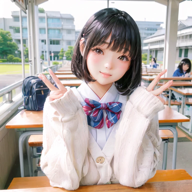 A young woman is sitting at a table with her hands raised, Japanese girls uniform, Japanese , Beautiful anime school girl, Acquire Japanese language skills , cute kawaii girl, Shirahime cut hairstyle, shikamimi, Real life anime girls, cute , sakimichan, Ulzzang, Portrait of a Japan teenager, Chiho
