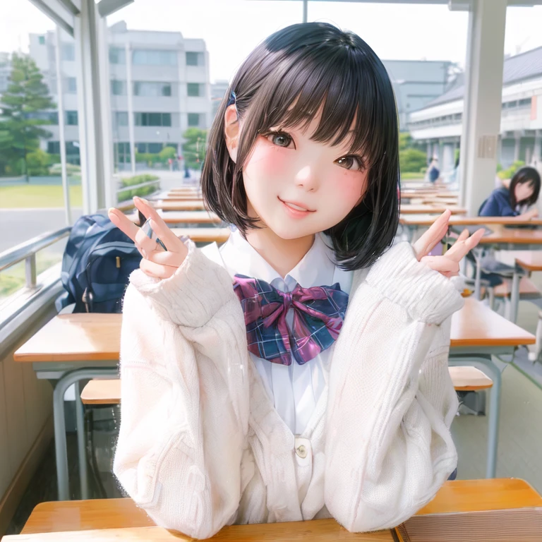 A young woman is sitting at a table with her hands raised, Japanese girls uniform, Japanese , Beautiful anime school girl, Acquire Japanese language skills , cute kawaii girl, Shirahime cut hairstyle, shikamimi, Real life anime girls, cute , sakimichan, Ulzzang, Portrait of a Japan teenager, Chiho