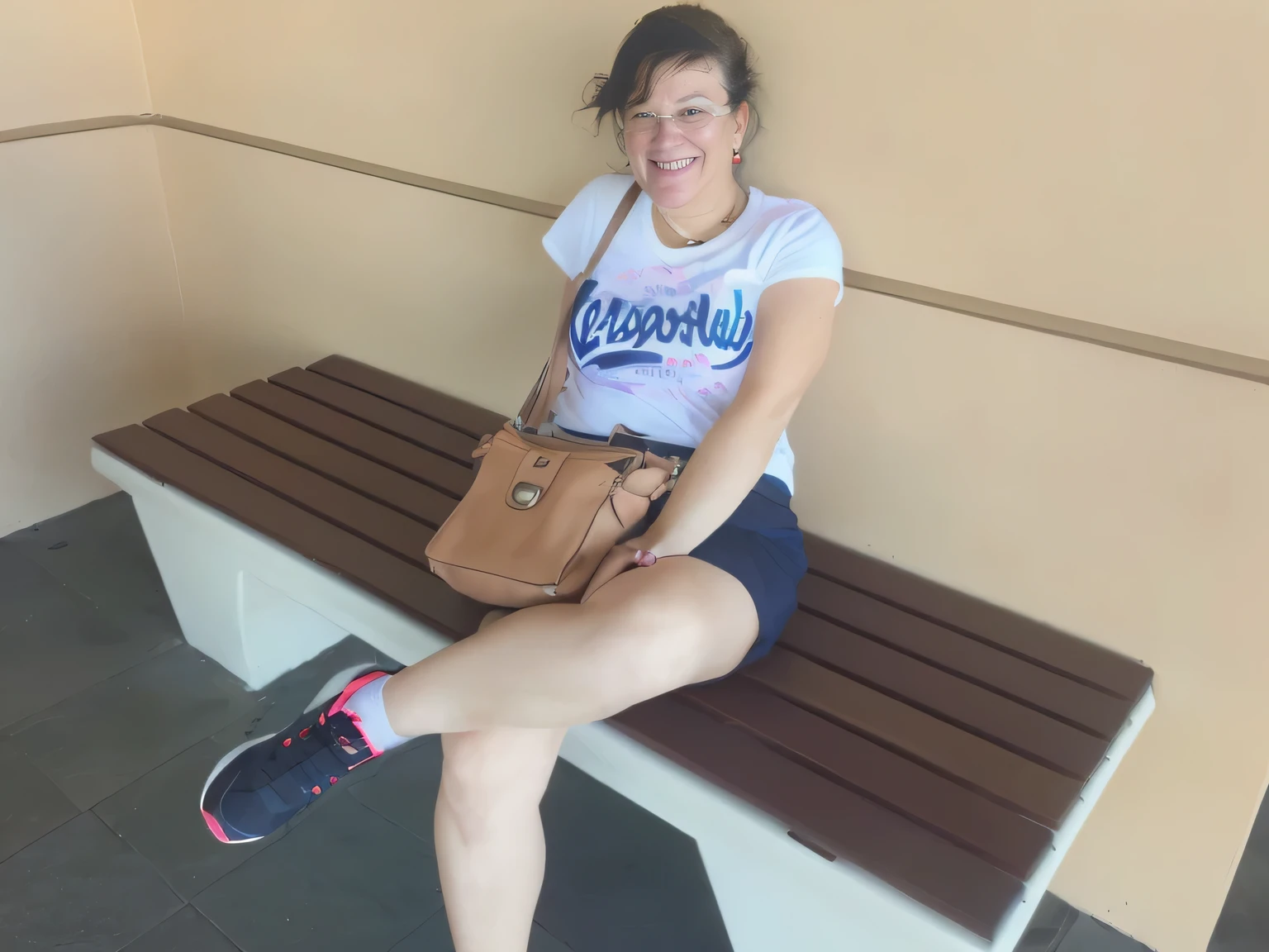 there is a woman sitting on a bench with a purse, sitting on bench, sitting on a bench, sitting on a park bench, vacation photo, 30-year-old woman from cuba, 30 years old woman, 3 0 years old woman, at the park, at a mall, tan skin a tee shirt and shorts, sitting down casually