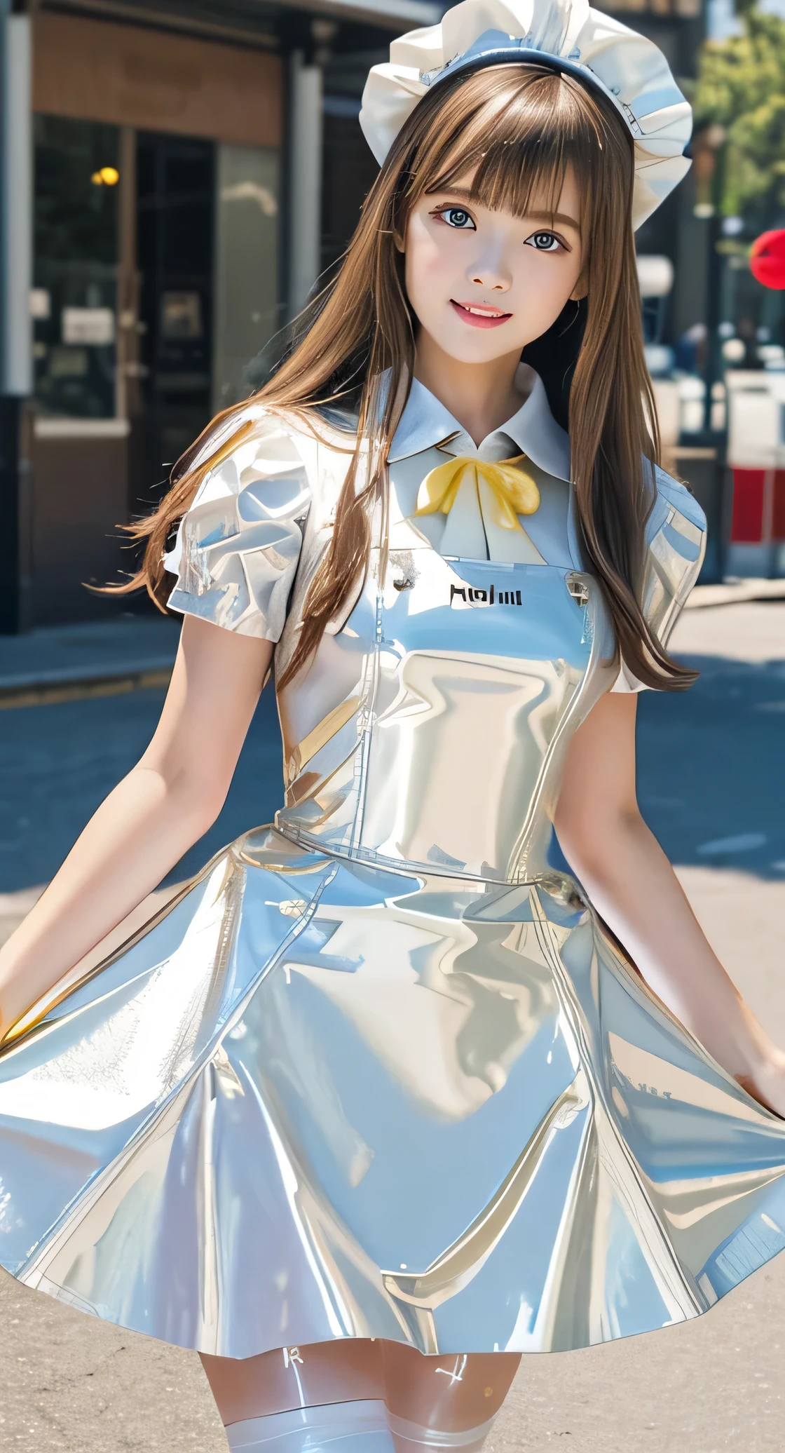 Angelic very beautiful cute young girl,
Beautiful detailed eyes, (5 yo:1.3),(clear-eyed:1.3),
Detailed double eyelids,
(Soft Saturation),
(Fair skin: 1.3),v-line jaw,
(Large eyes:1.4),
Long straight brown hair,
see-through bangs,
Sharp Focus,
beautiful detailed face and eyes,
drooping eyes,
small straight nose,
small mouth,
happy smiling with visible teeth, 85mm lens, F/8.0,BREAK (Super shiny white and metallic yellow PVC maid costume :1.5),(realistic photograph:1.4),Walking,Brown hair ,(Costumes with strong reflective surfaces:1.3),(lift skirt:1.2),panty,
(Best Quality:1.2),(Maid costume:1.4),
Raw photo,
High resolution,
perfect detail,
Professional Photography,
Professional Lighting,
Powerful lighting of the costume,In the street
