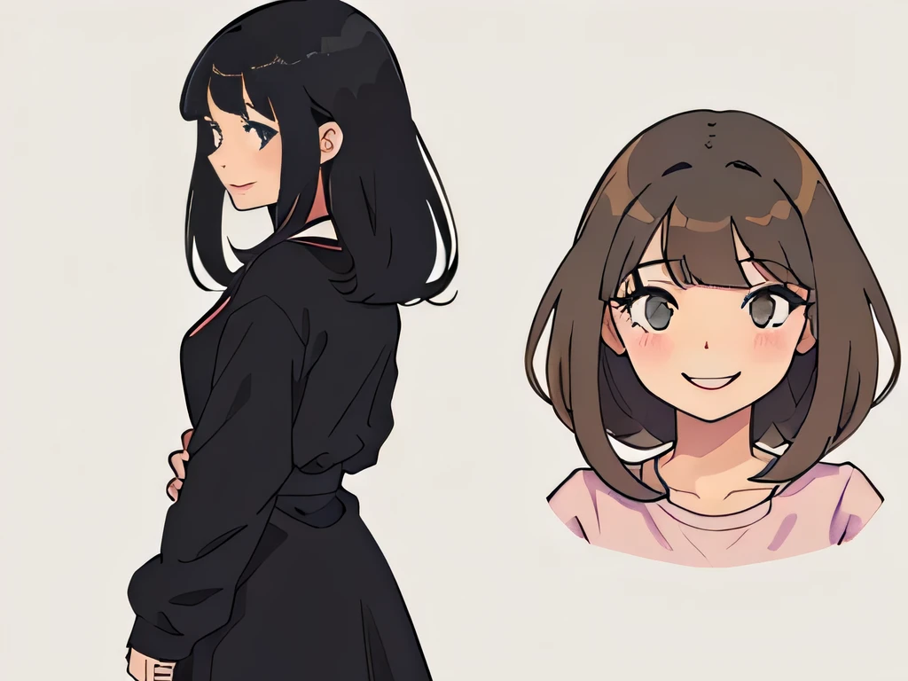 perfect anime illustration, llustration of a girl having long black hair with bangs, smiling slightly, pretty, standing