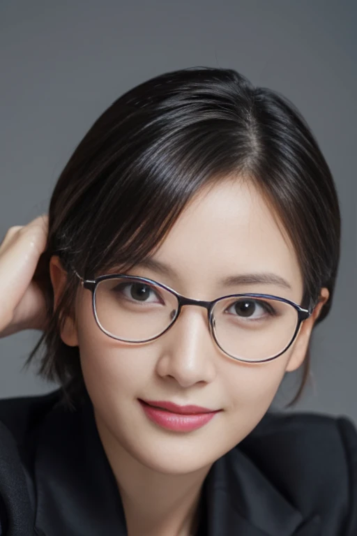 On the table,The best quality at its best, Realistically, Super detailed, More about pubic hair, High resolution, Plain background,8k wallpaper, 1. Beautiful Women,,Wear glasses,Short Hair Details, Wear a dark suit, Lock focus, Perfect dynamic composition, Beautiful Eyes, Delicate Hair, 细致Realistically的皮肤纹理, smile, Close-up portrait, Model Body Type