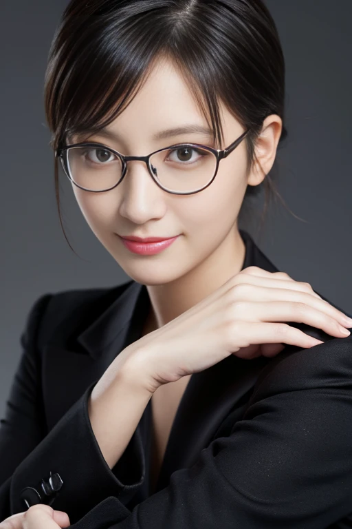 On the table，The best quality at its best, Realistically, Super detailed, More about pubic hair, High resolution, Plain background，8k wallpaper, 1. Beautiful Women,,Wear glasses，Short Hair Details, Wear a dark suit, Lock focus, Perfect dynamic composition, Beautiful Eyes, Delicate Hair, 细致Realistically的皮肤纹理, smile, Close-up portrait, Model Body Type