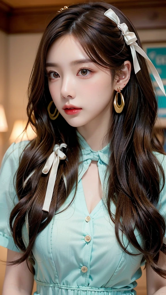 ((masterpiece: 1.4, best quality))+,(ultra detail)+, official art, unity 8k wallpaper, ultra detail, beautiful, high quality, Highlight your cute face, masterpiece, best quality, semi wavy medium length hair, (brown eyes, brown hair),cowboy shot, vivid color, (colorful earrings, hairpin with large ribbon :1.4)