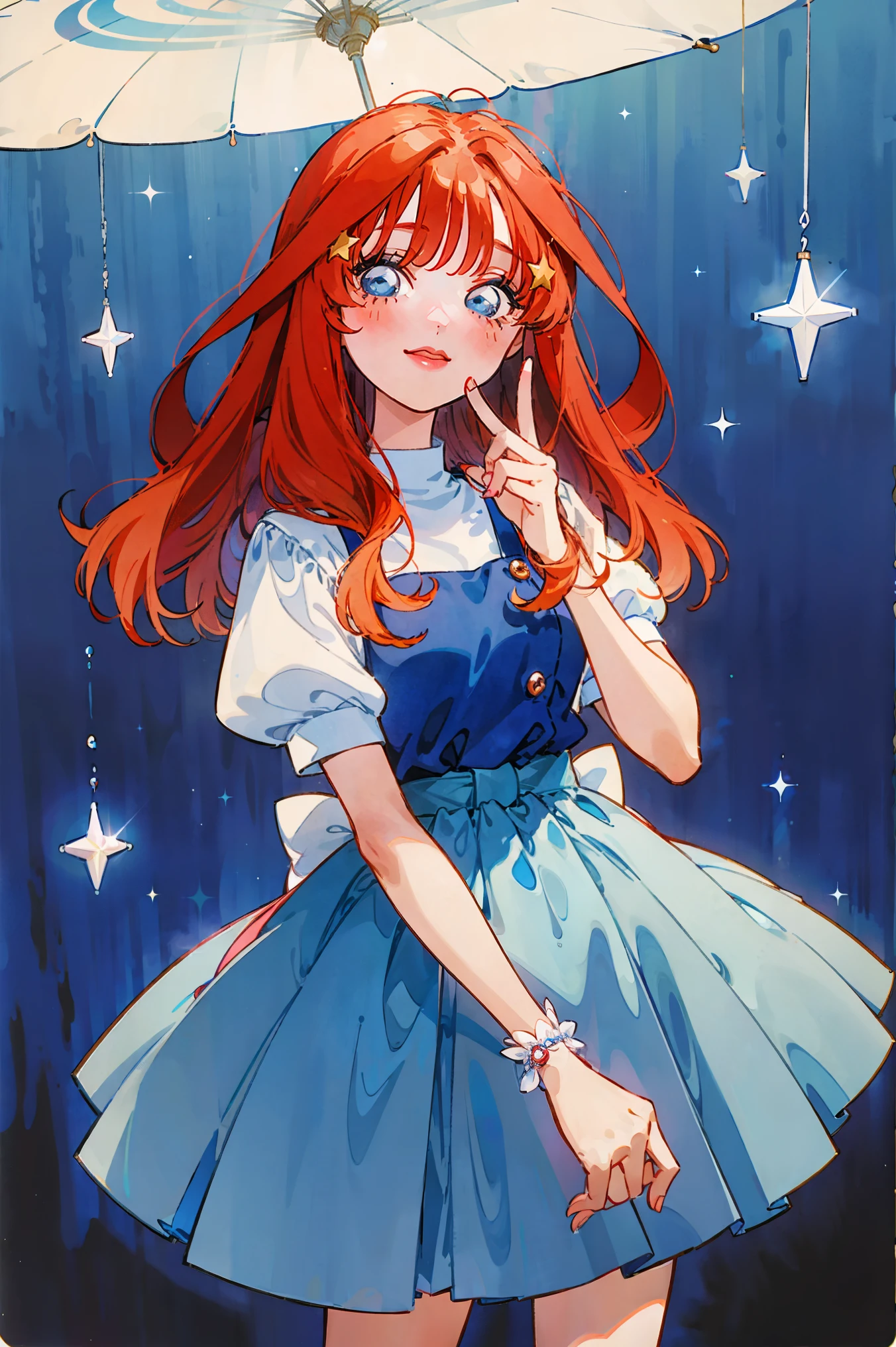 Itsuki nakano, (Old anime, vintage anime, 90's anime style, naoko takeuchi style, masterpiece、top-quality、top-quality、Official art、Beautifully Aesthetic:1.2)、(a beauty girl:1.3)、vivid colours、colourful, lHD Detail, Ultra Detail, soft Light, Deep Focus Bokeh, magical photography, dramatic lighting, intricate details, (1 girl, solo, alone), , sfw, nakano_itsuki, blue eyes, indigo eyes, aaitsuki, sparkling blue eyes, sfw, pretty teenage girl with long fluffy red hair, blue eyes making a cute face, blushing, star hairclips, Nakano itsuki from The Quintessential Quintuplets, yotsuba Nakano, masterpiece, 4k, ultradetailed, cowboy shot, long fluffy red hair, blue eyes, pure, tender, lovely, innocent, smile