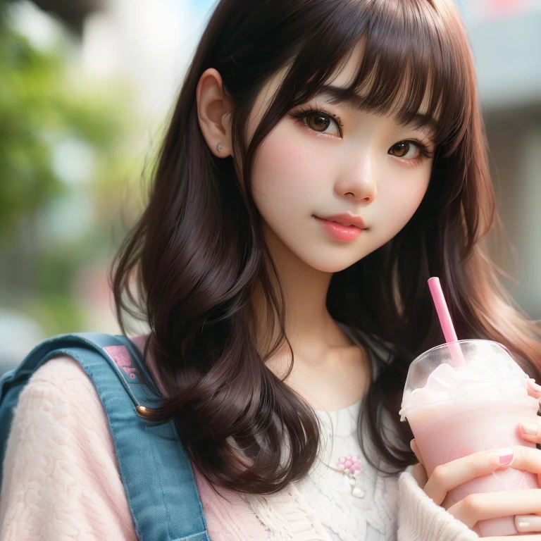 Holding a pink drink、Around fifty people carrying backpacks, Girl cute beautiful face, Ulzzang, pretty girl, 若くてpretty girl, Korean Girls, Young and adorable Korean face, Cute realistic portrait, Beautiful young Korean woman, Beautiful Japanese girl face, Portrait of a Japan teenager, Gorgeous Young Korean Woman, Neat hairstyle with bangs