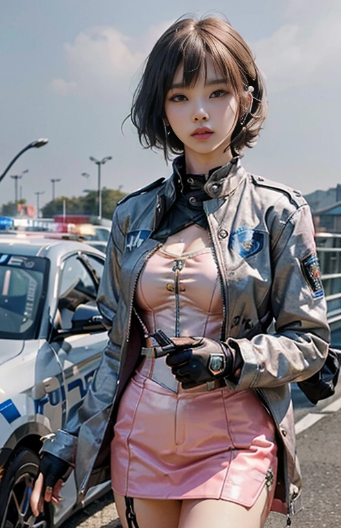 Lisa Black Pink, (Highest quality, ultra high definition, realistic: 1.4), (cowboy shoot:1), 1 beautiful girl, (kpop idols), detailed face, (hair style gradient: Blonde:0.6 silver:0.4, Full Bang, short hair style:1), opposite, perfect anatomy, smooth skin, professional lighting, ((Wear a futuristic police racing suit., topless,low short skirt, Police coat of arms, Hi-tech pink headset, military gun corset, Racing gloves, Hold the pistol with both hands.)), (The colors of the fabric are based on pink, silver, red, black.), (background, background),