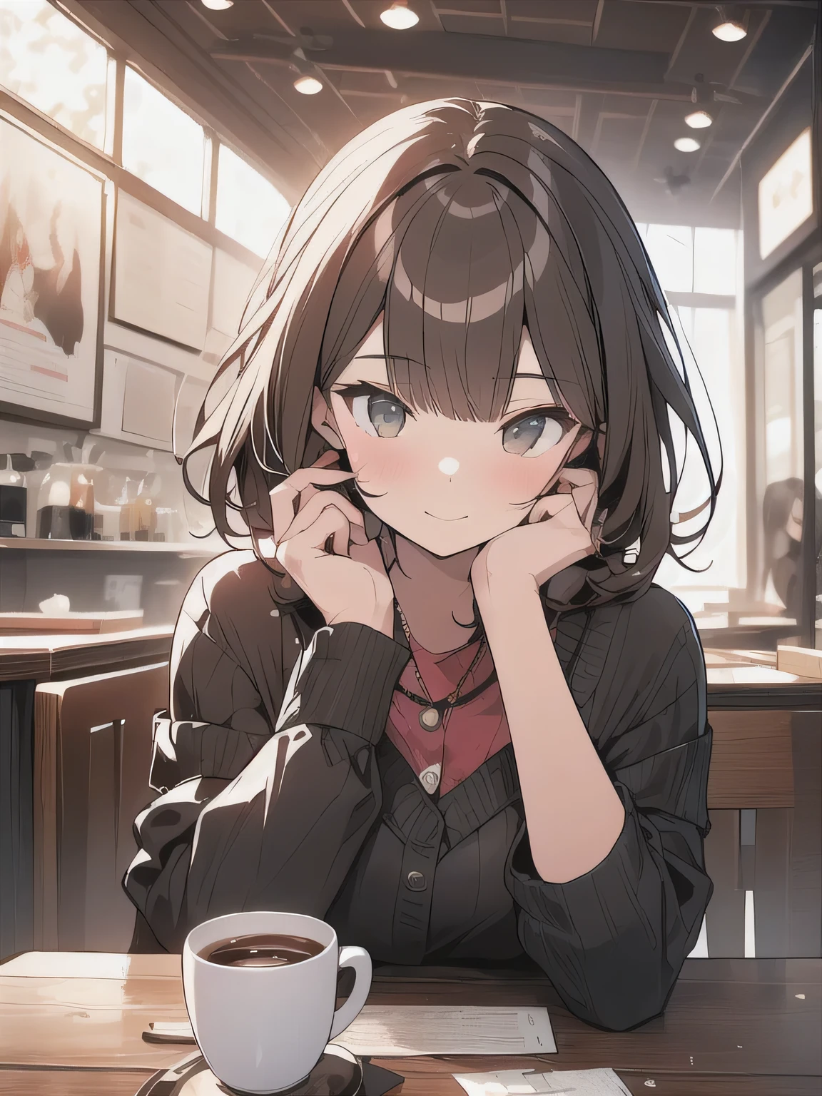 (best quality), (Super detailed), (Best Illustration), (masterpiece), score_9, score_8_up, score_7_up, 4k, upper body,
A woman with brown hair and a bob, Coastal Cafe,Drink coffee