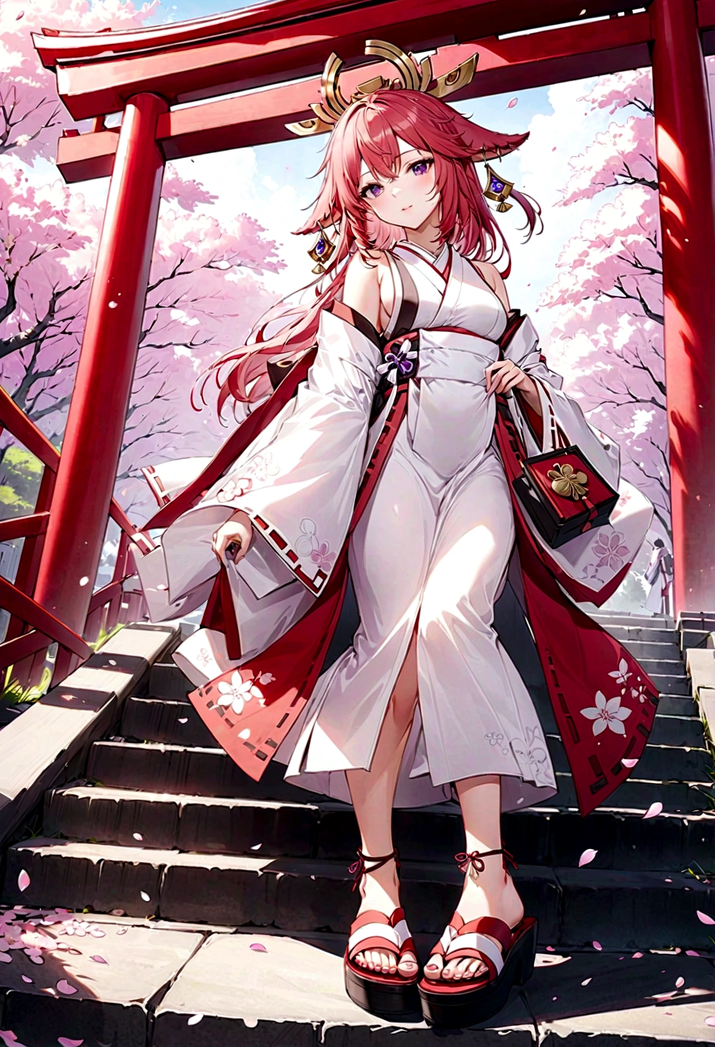 (masterpiece, best quality: 1.2), Yae Miko, Genshin, outdoor,Red Torii,Tree,stairs,Cherry blossoms,Sky,petal,Clogs sandals,White Kimono,