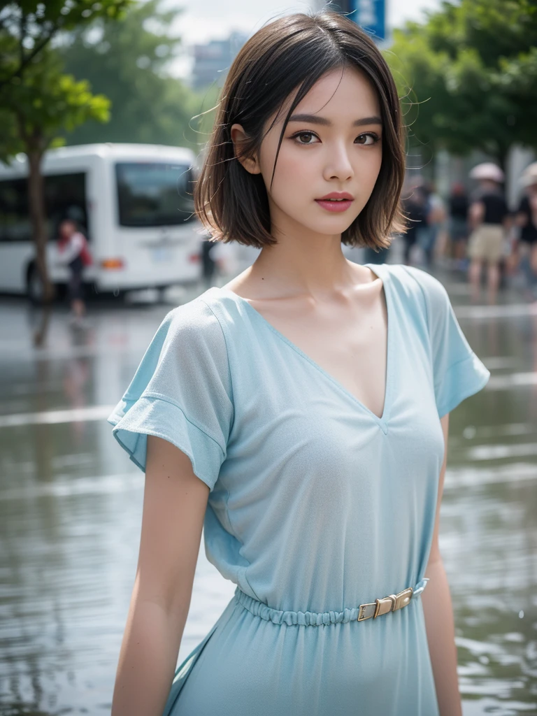 ((Best Quality, 8k, Masterpiece: 1.3)), Focus: 1.2, Perfect Body Beauty: 1.4, Buttocks: 1.2, ((Layered Haircut, Flat Chest: 1.2)), (Rain, Street:1.3), Bandeau Dress: 1.1, Highly Detailed Face and Skin Texture, Fine Eyes, Double Eyelids, Whitened Skin, Long Hair, (Shut Up: 1.3), Full Body