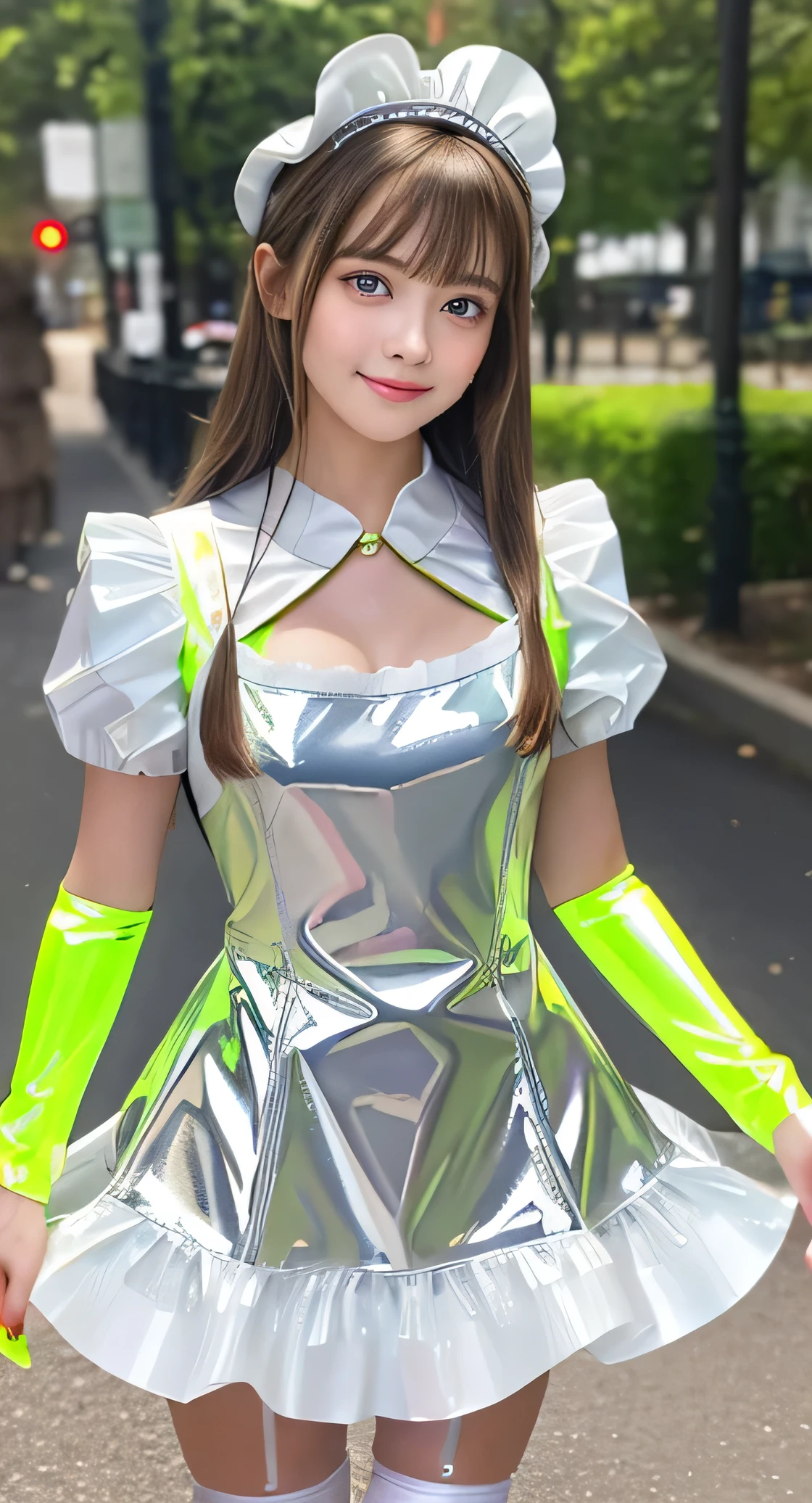 Angelic very beautiful cute young girl,
Beautiful detailed eyes, (5 yo:1.3),(clear-eyed:1.3),
Detailed double eyelids,
(Soft Saturation),
(Fair skin: 1.3),v-line jaw,
(Large eyes:1.4),
Long straight brown hair,
see-through bangs,
Sharp Focus,
beautiful detailed face and eyes,
drooping eyes,
small straight nose,
small mouth,
happy smiling with visible teeth, 85mm lens, F/8.0,BREAK (Super shiny white and metallic neon yellow PVC maid costume :1.5),(realistic photograph:1.4),Walking,Brown hair ,(Costumes with strong reflective surfaces:1.3),(lift skirt:1.2),panty,
(Best Quality:1.2),(Maid costume:1.4),
Raw photo,
High resolution,
perfect detail,
Professional Photography,
Professional Lighting,
Powerful lighting of the costume,In the street