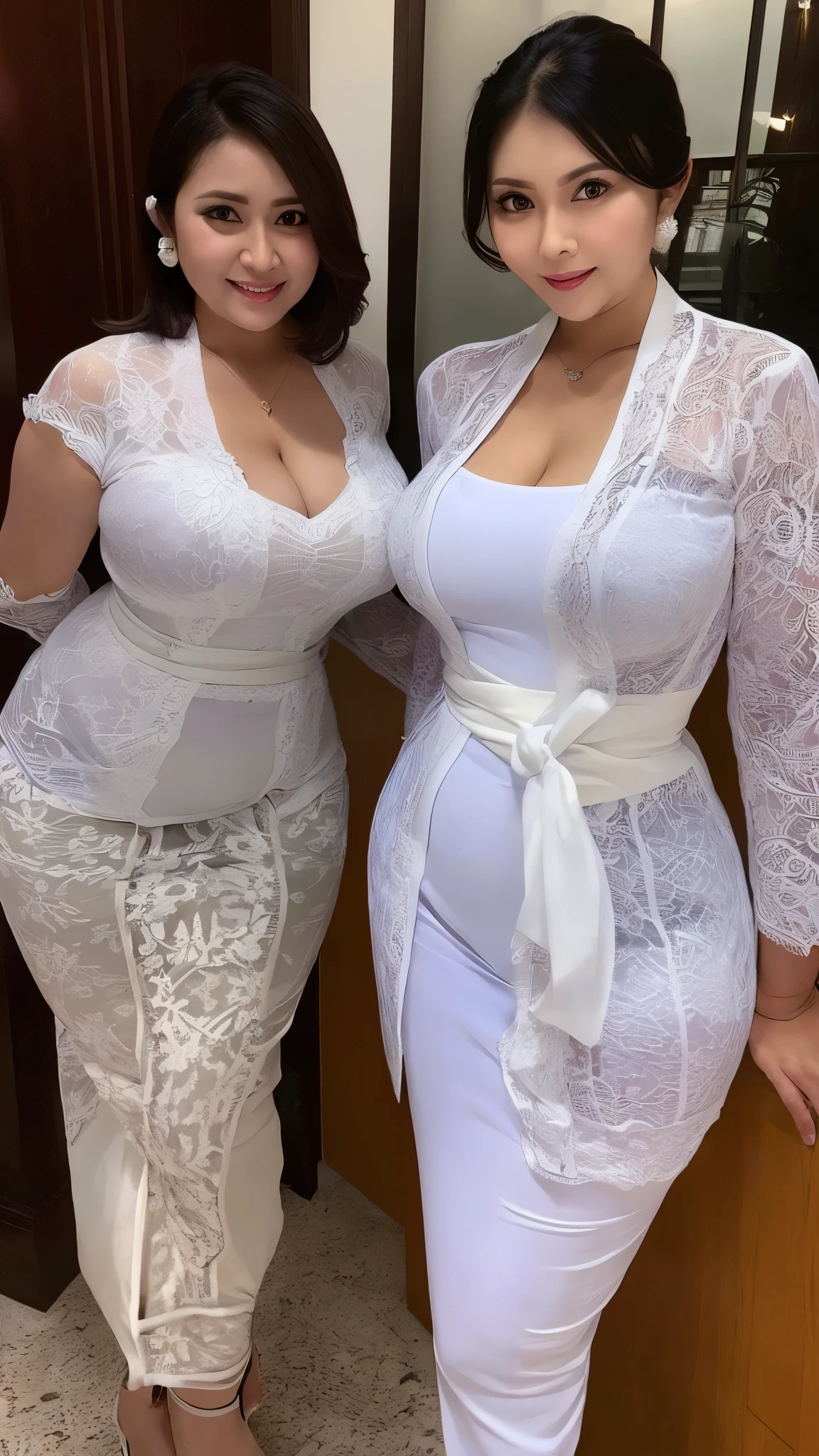 (REALISTIC) (elegant milf) (Big Mature : 3 Curvy body) ((goddess face)) ,(((white kebaya))),huge breasts,(trasnparent),short hair,,milf