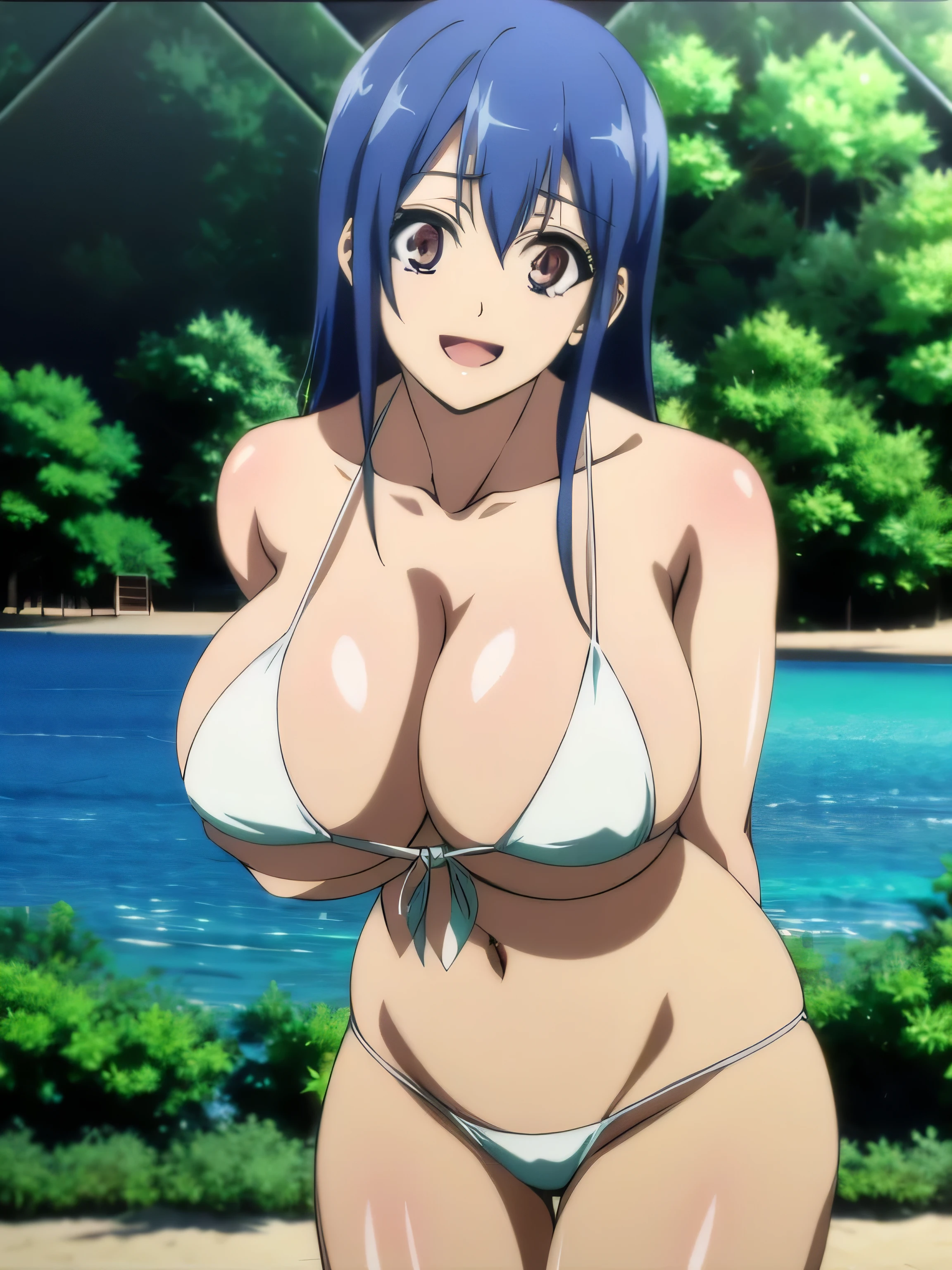 masutepiece, Best Quality,1girl in, (Solo:1.3),(huge-breasted:1),Smile,Long hair,Blue hair,Put your hands on your chest,see through bikini of,(the beach:1.3),standing on、A smile、Opening Mouth, nude,nipple,sexy pose,