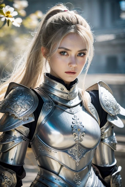 half body, walking pose, shot from front, slow motion, female paladin wearing the full body, (light silver armour:1.2),(ornately decorated armor), (insanely detailed, bloom:1.2), (analog:1.2), (high sharpness), (detailed pupils:1.1), detailed face and eyes, (long blonde Hair, ponytail,ecstatic:1.1), (young woman:1.1), sharp, real shadow, (temple background:1.2), arms crossed over the chest , looking at viewer, photographed by Canan EOS R6, 135mm, 1/1250s, f/2.8, ISO 400