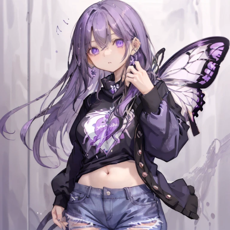 1 girl、Mature、Ample breasts、Purple Eyes、Purple Hair、Long Hair、Sharp Eyes、Black T-shirt、Black and white striped arm covers、Belly out、Distressed jeans、Earrings、With ice、Butterflies fluttering、High resolution、highest quality、Super detailed