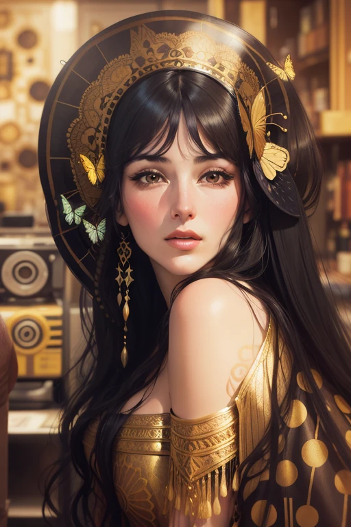 Gustav Klimt painted his new famous artwork of Monica Bellucci (with straight hair) and her beautiful sister, she is very beautiful, the background is colorful with gold intricately detailed colorful single butterfly - watercolor art