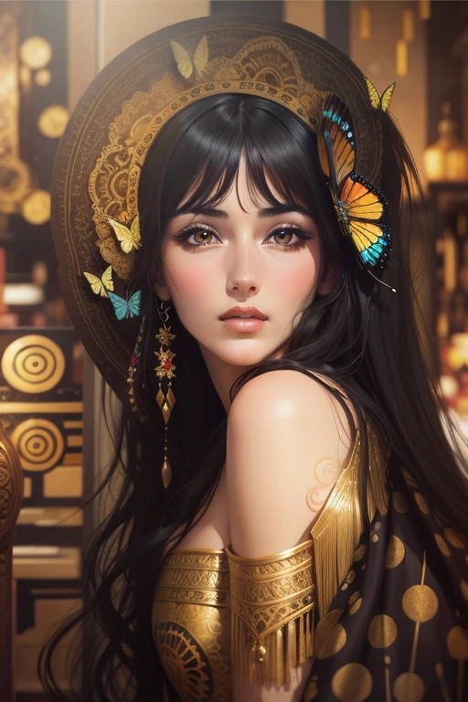 Gustav Klimt painted his new famous artwork of Monica Bellucci (with straight hair) and her beautiful sister, she is very beautiful, the background is colorful with gold intricately detailed colorful single butterfly - watercolor art