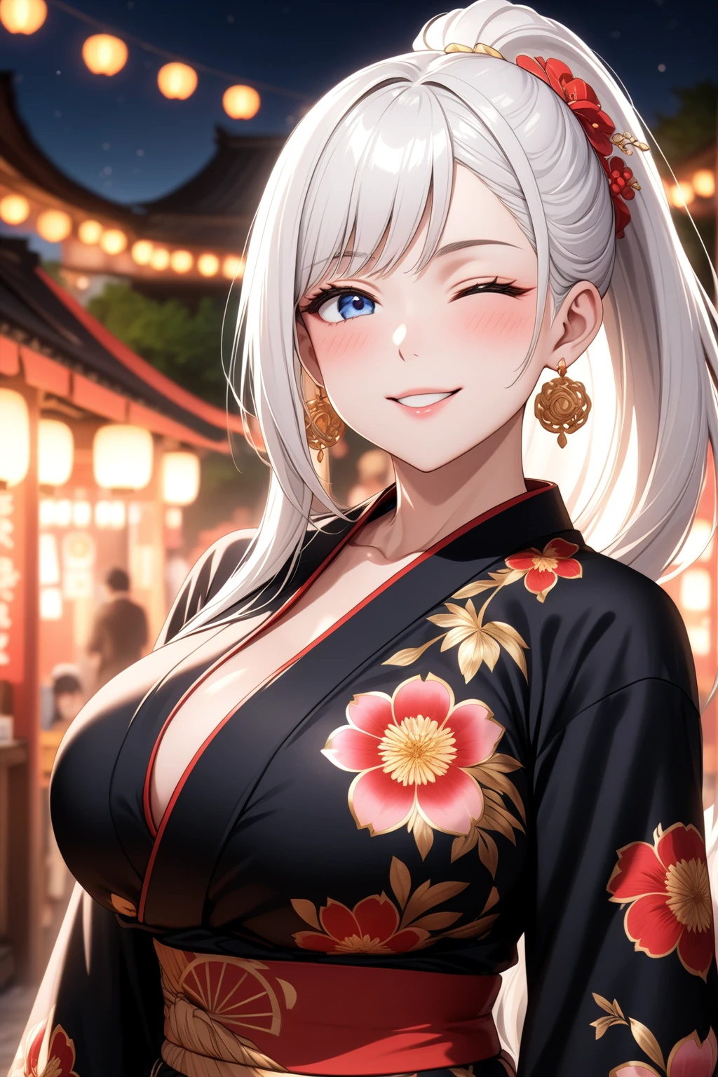 ((one personの女性)), Beautiful Face,Laugh shyly,((Wink:2.0)),Laughing with your mouth open,turn bright red,Glossy pink lips,night,Shrine festival stalls,firework,((Anime style background)),masterpiece, highest quality, so beautiful, up to date, Complex details, (Pink long nails),AI-generated, Complex,High resolution, highest quality, super high quality,3D Images、View your audience、3D Images,one person,Long white hair,High Ponytail,blue eyes,Anime woman posing for a photo, [[Fine grain、Colorful eyes、Shining Eyes:1.15]],(Squint your eyes:1.1),a hyperRealistic , hyperRealistic , Realistic,Long haired white haired anime woman, Smooth anime CG art, A woman in a colorful kimono with gold embroidery, (Black kimono),Red floral pattern,Long flower hair ornament,Big earrings,(Big Breasts:1.1),Mature Body,tall,Big Ass,Fine details,Tight waist,Abdominal muscles,(Face close-up:1.5),Tilt your face,(Beckon)