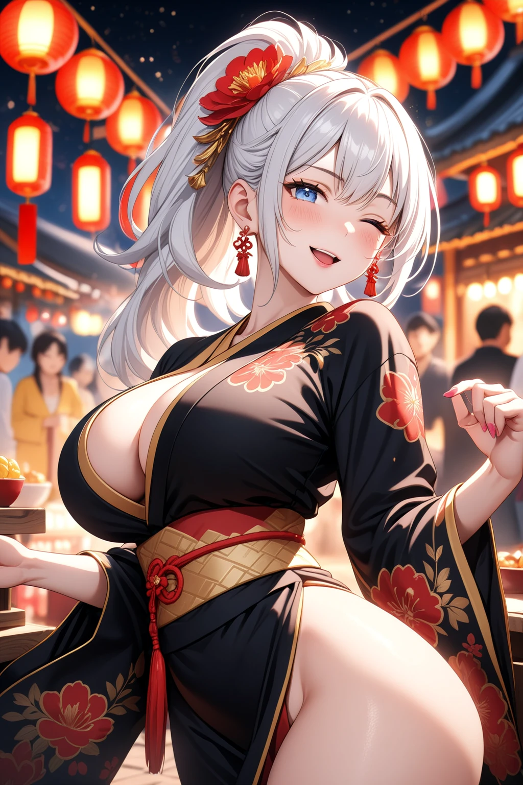 ((one personの女性)), Beautiful Face,Laugh shyly,((Wink:2.0)),Laughing with your mouth open,turn bright red,Glossy pink lips,night,Shrine festival stalls,firework,((Anime style background)),masterpiece, highest quality, so beautiful, up to date, Complex details, (Pink long nails),AI-generated, Complex,High resolution, highest quality, super high quality,3D Images、View your audience、3D Images,one person,Long white hair,High Ponytail,blue eyes,Anime woman posing for a photo, [[Fine grain、Colorful eyes、Shining Eyes:1.15]],(Squint your eyes:1.1),a hyperRealistic , hyperRealistic , Realistic,Long haired white haired anime woman, Smooth anime CG art, A woman in a colorful kimono with gold embroidery, (Black kimono),Red floral pattern,Long flower hair ornament,Big earrings,(Big Breasts:1.1),Mature Body,tall,Big Ass,Fine details,Tight waist,Abdominal muscles,(Face close-up:1.5),Tilt your face,(Beckon)