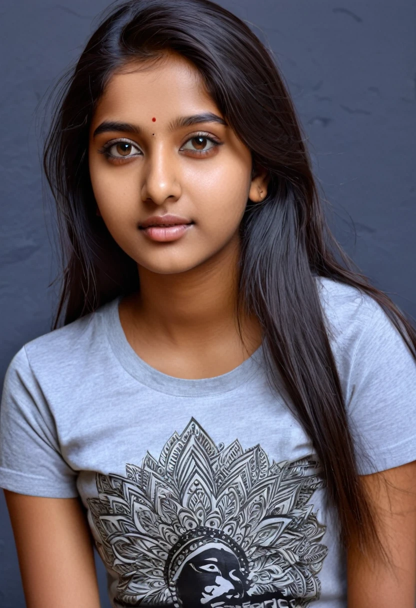 best quality)), ((masterpiece)), (detailed), perfect face Indian girl 18 year old realistic In a t-shirt