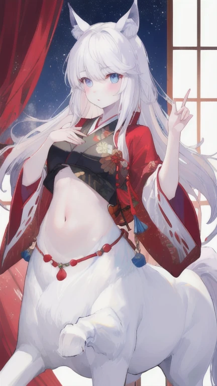 (best quality, masterpiece), 1 girl, centaur, It takes, White skin, Japanese , exposing the abdomen,belly button t-shirt, 아름다운 소녀 perfect wolf photo, perfect wolf photo