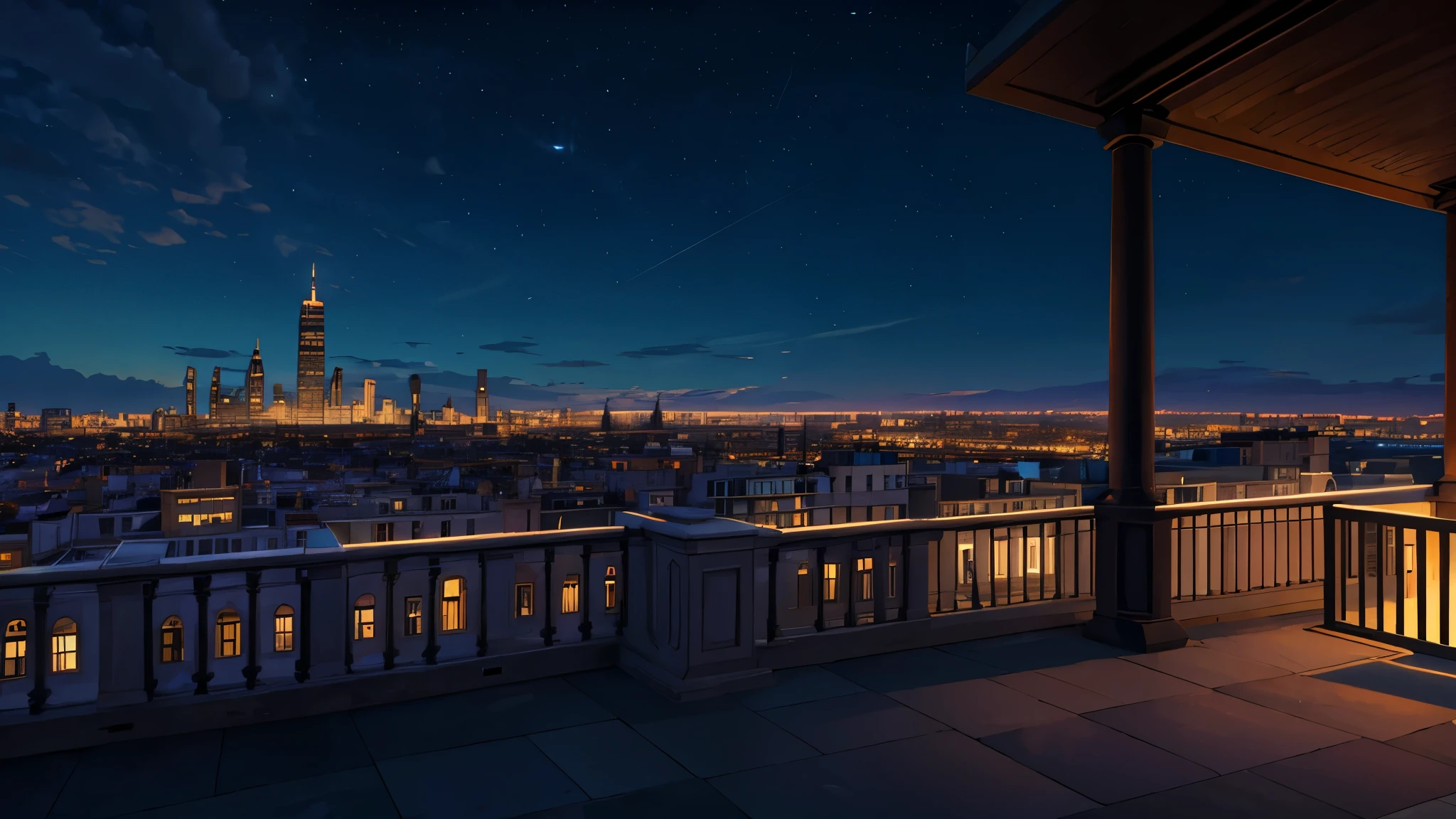 Terrace of a building + first person image + dark sky + city all lit up + high quality image + 4K