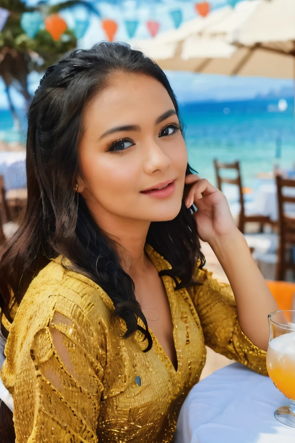 (8k, RAW photo, best quality, depth of field, ultra high res:1.2), (intricate, photorealistic, masterpiece, ultra-detailed), dynamic lighting, a woman in an outdoor restaurant overlooking the ocean, table has food and drinks, candles, vibrant colors, she is styling with a Hawaiian dress, detailed expressive eyes, bright mood lighting,