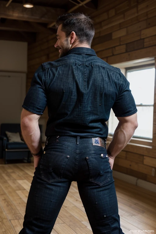 Award-winning original photoen, 30 years old man and wild muscular man, 40 years old, short beards, burly, hunk, wearing shirts, smilling happil, detailed, lovely, full body, (((black jeans))) (((backside)))