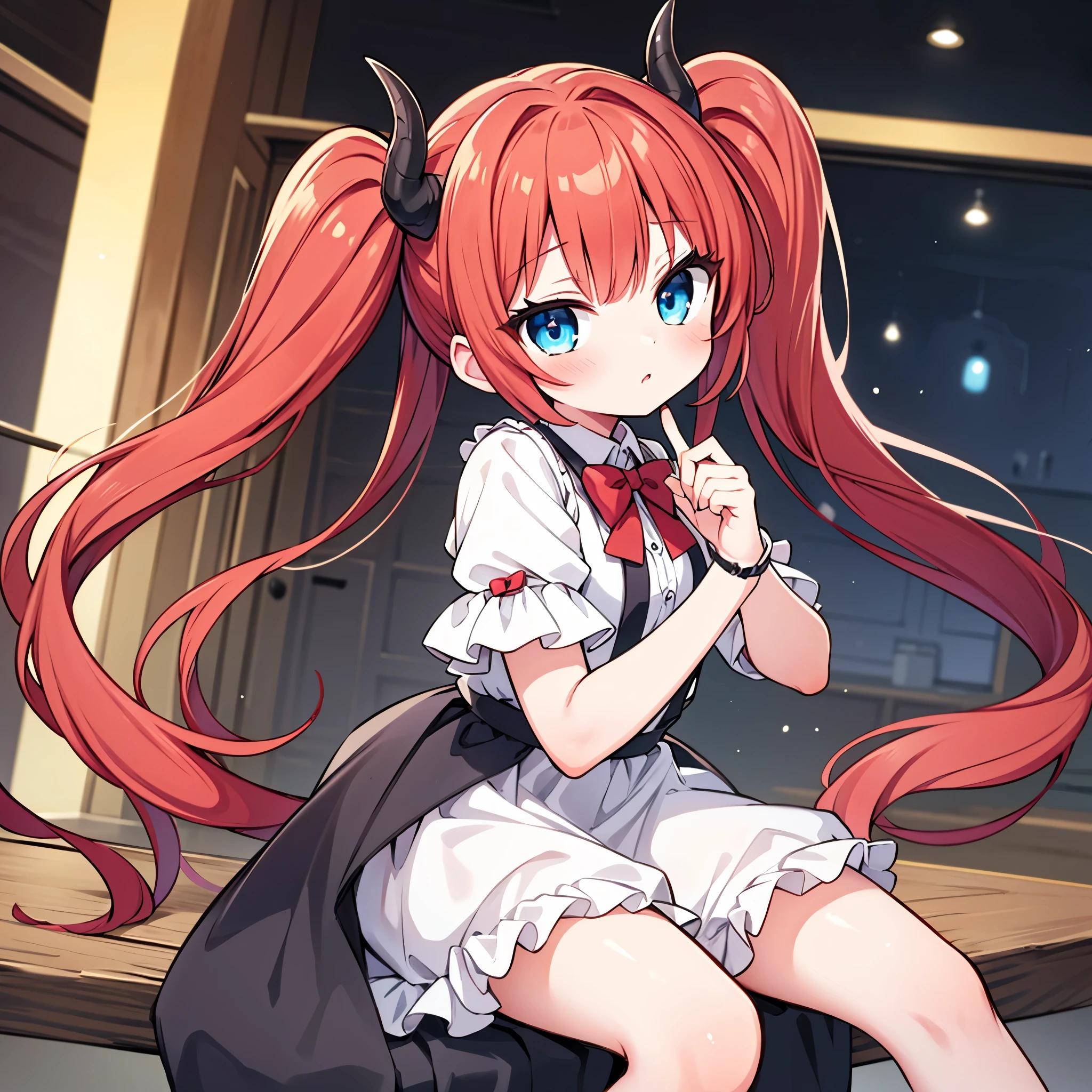 {{best quality}}, {{masterpiece}}, {{ultra-detailed}}, {illustration}, {detailed light}, red hair,blue eyes,twintails,lolita,Suspenders skirt,Fantastic,loli,solo,Dragon horns, girl,long hair