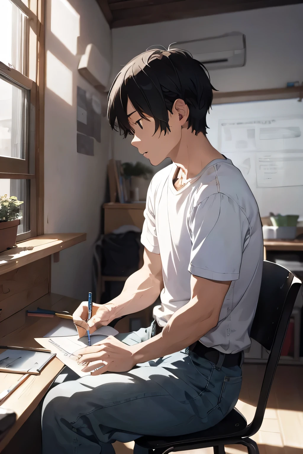 a man sits and draws in a room
