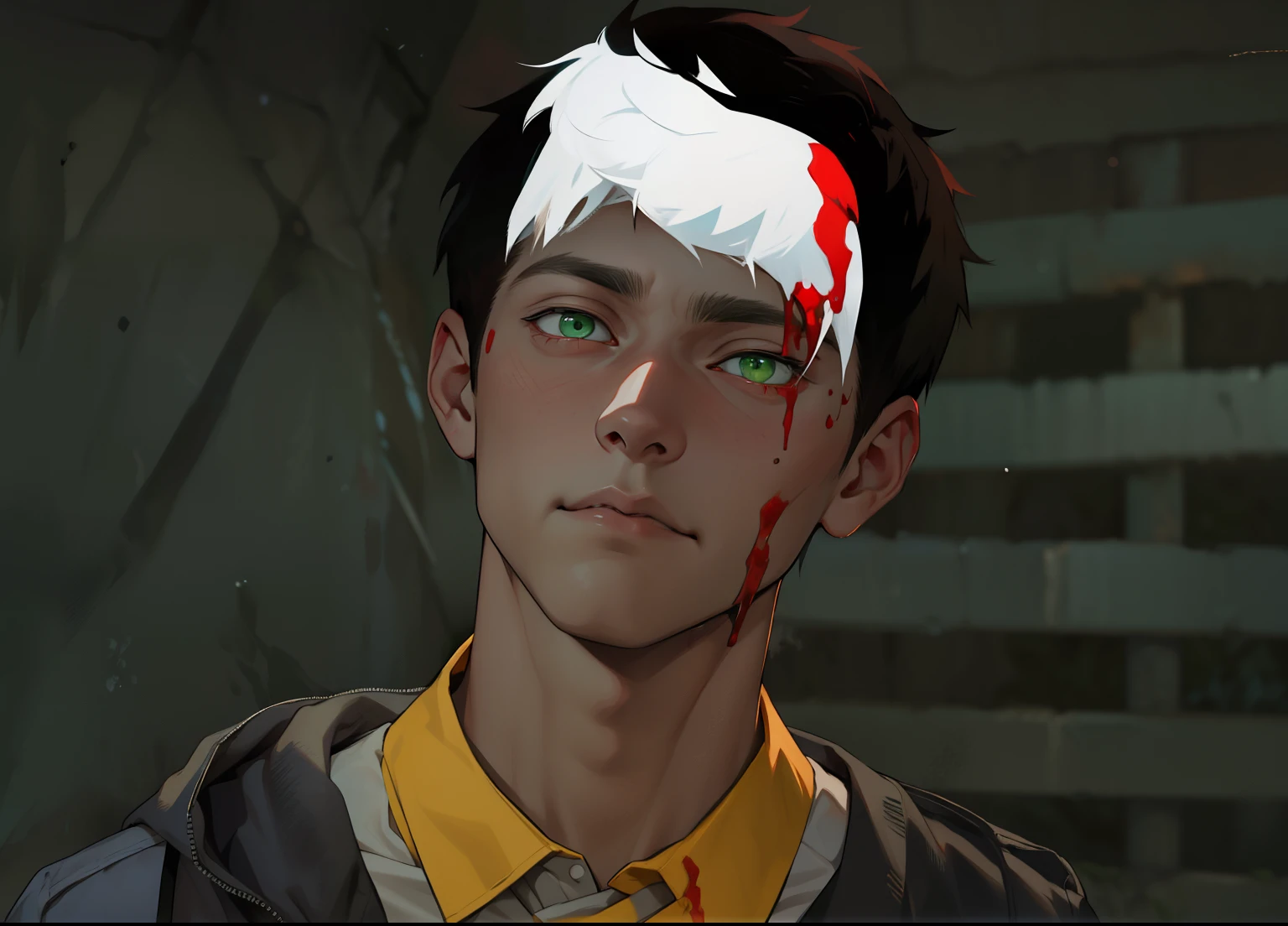 young boy with white hair, green eyes, 18 years old, he is looking at someone with fear, his head is bleeding, red blood falls down his face