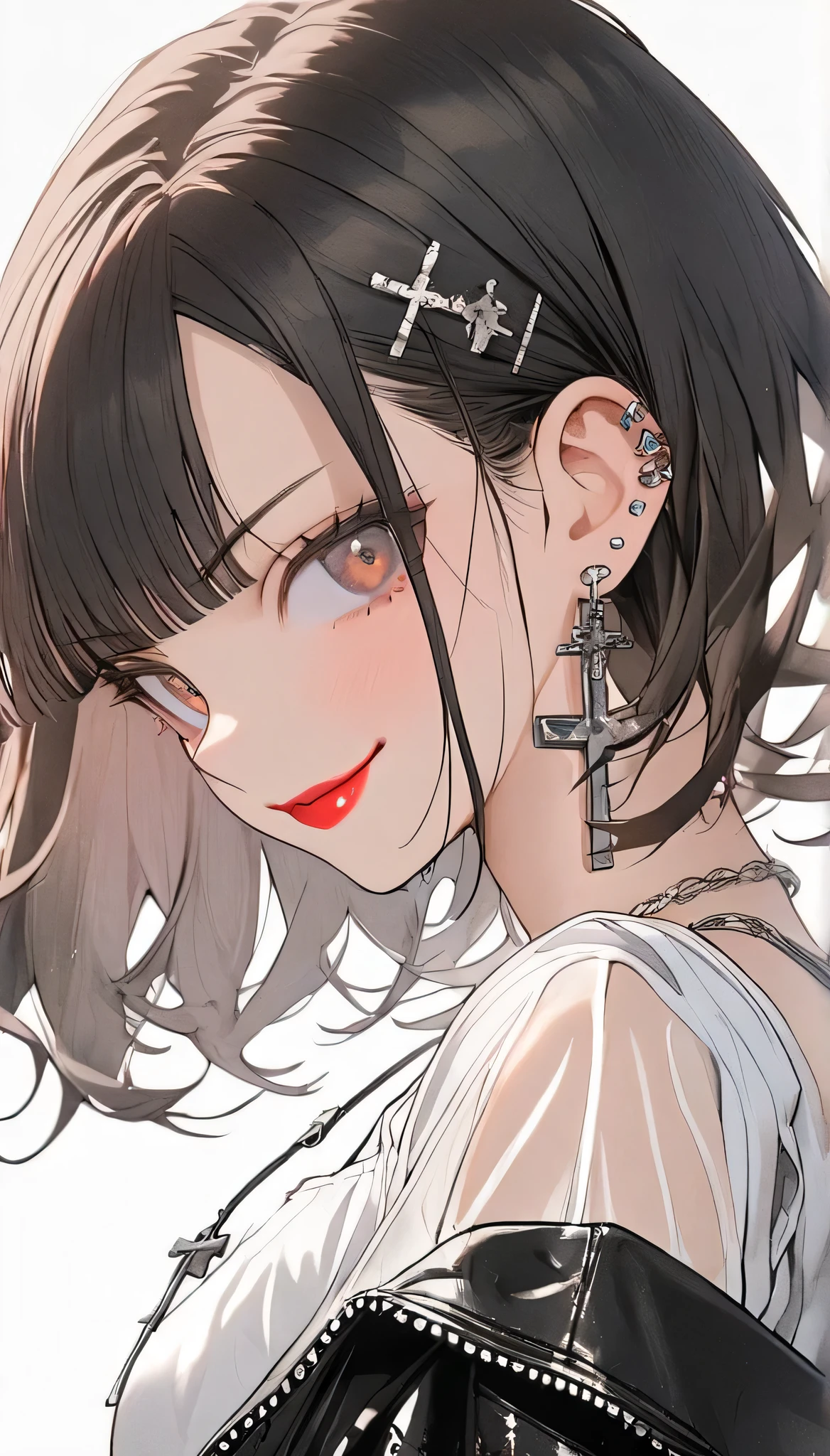 1girl, kawaii, smirk, looking at viewer, short hair, bangs, simple background, black hair, white background, brown eyes, jewelry, jacket, upper body, earrings, necklace, off shoulder, from side, black jacket, see-through sleeves, cross, ear piercing, red lips, cross earrings