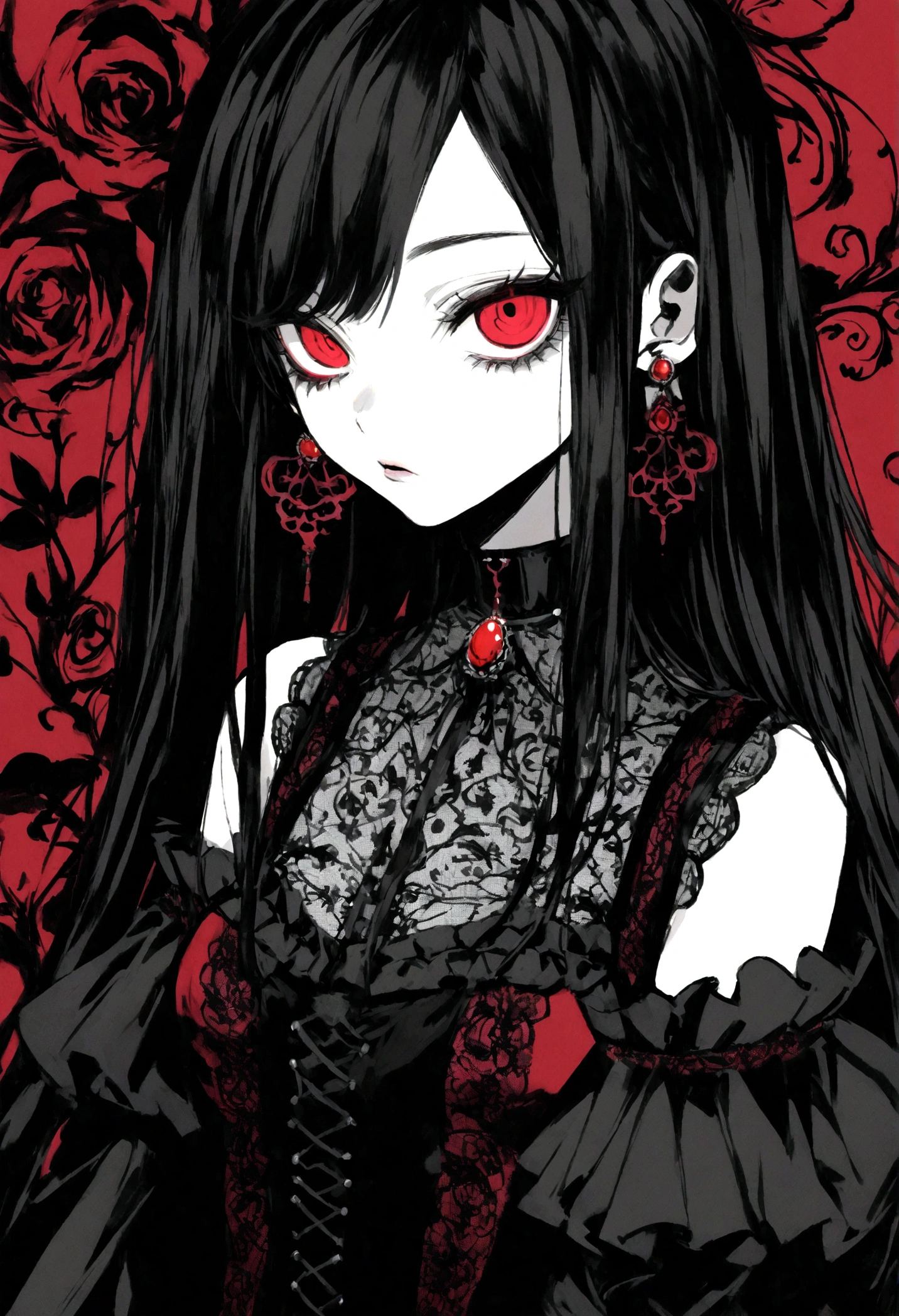 Slit eyes,Create an illustration in a dark, gothic aesthetic with a monochromatic color scheme. The character should be a young woman with long, straight, black hair, and red eyes. She wears gothic fashion with intricate details, such as a choker, earrings,