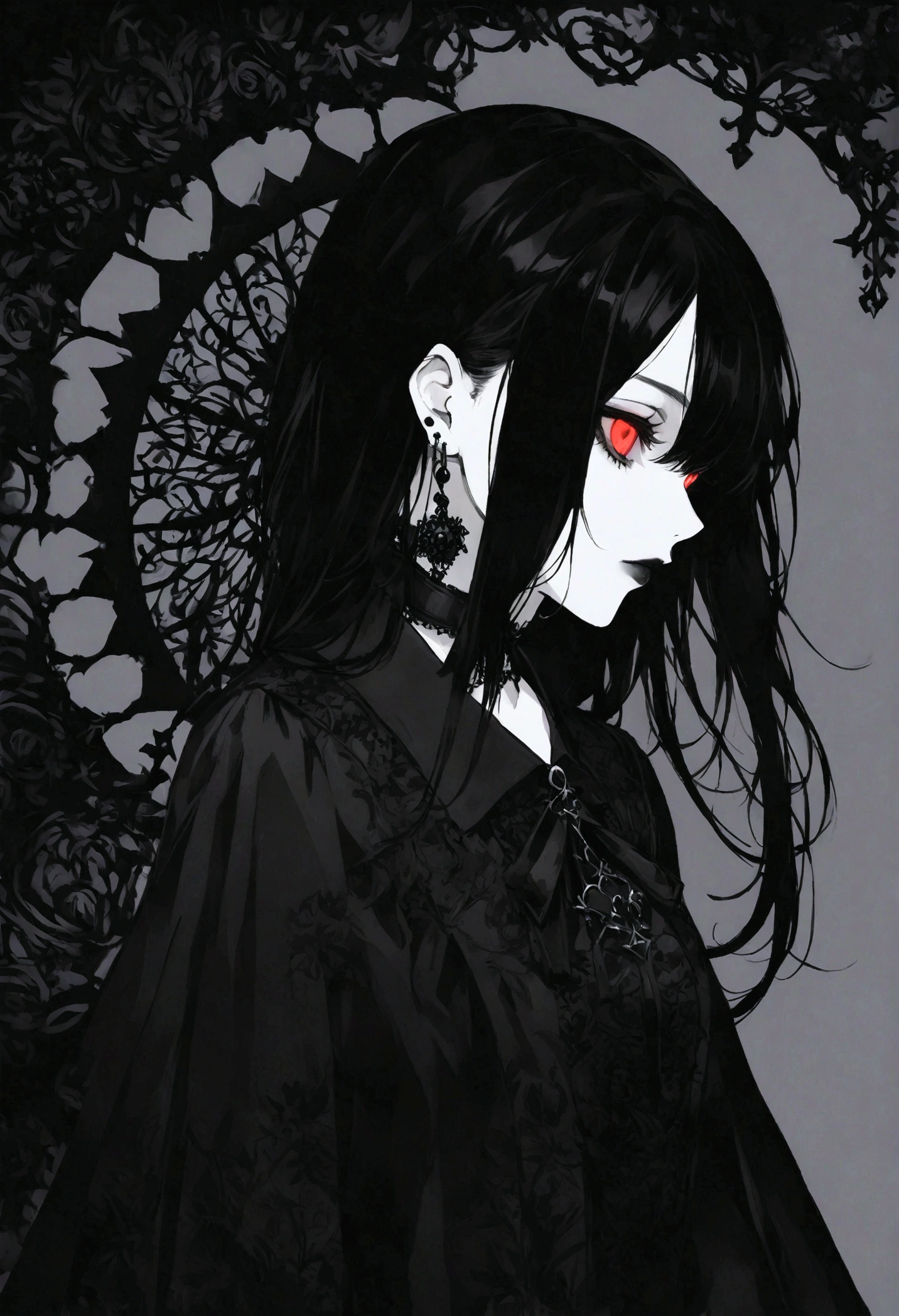 Slit eyes,Create an illustration in a dark, gothic aesthetic with a monochromatic color scheme. The character should be a young woman with long, straight, black hair, and red eyes. She wears gothic fashion with intricate details, such as a choker, earrings,
