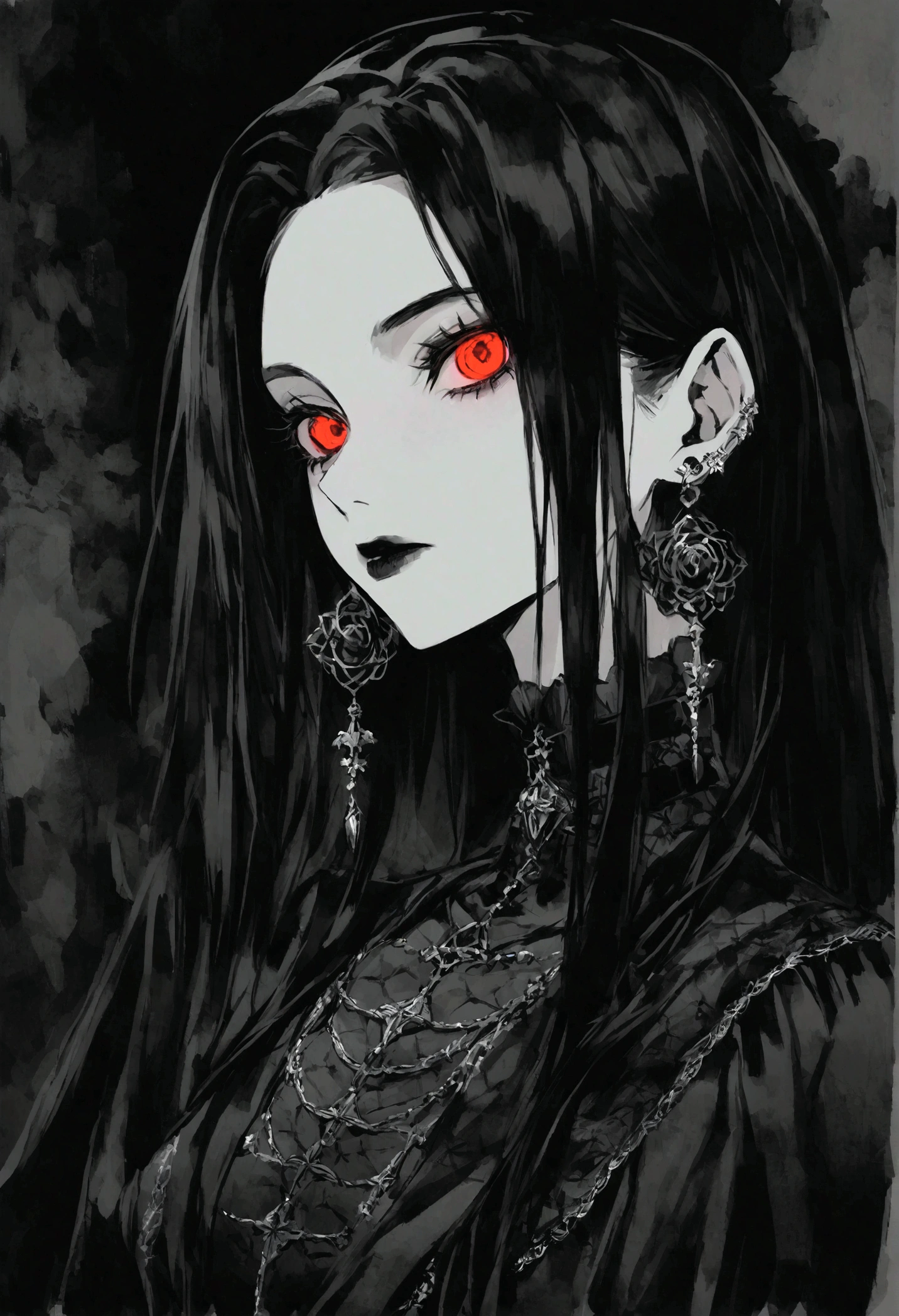 Slit eyes,Create an illustration in a dark, gothic aesthetic with a monochromatic color scheme. The character should be a young woman with long, straight, black hair, and red eyes. She wears gothic fashion with intricate details, such as a choker, earrings,