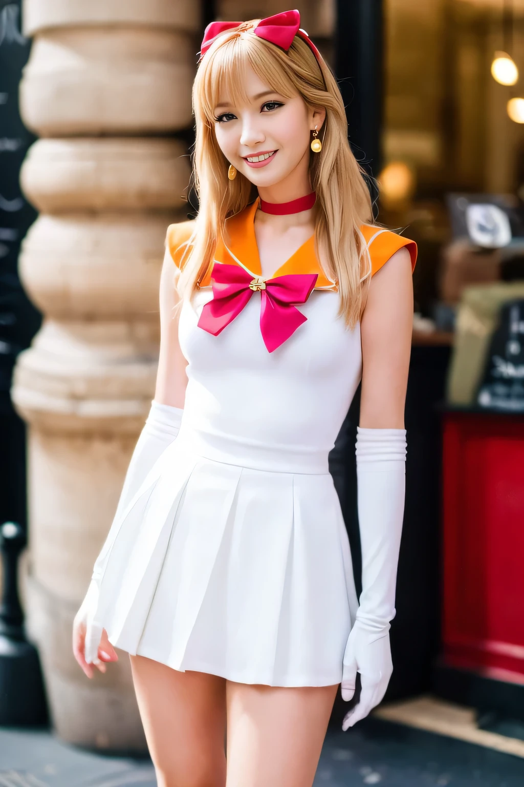 ((Tabletop:1.4, highest quality)), (Realistic photos:1.4),
((1 girl)), (Beautiful actress), (dream-like),
(超High resolution:1.2), Very delicate and beautiful, wonderful, Very detailed CG Unity 8k wallpaper, Very detailed, High resolution,
Cinema Lighting, Perfect , Slender body, (full body), Looking at the camera, Old-fashioned smile,
MinakoAino, (sailor Venus ,hair bow, elbow gloves, neck ribbon, bangs, long hair, circlet, jewelry, flower earrings),
tiara, sailor senshi uniform,
blonde hair, magical girl, blue eyes, orange skirt, elbow gloves, tiara, pleated skirt, red hair bow,
miniskirt, choker, red bow, orange choker, white gloves, very long hair, jewelry, earrings,
(Standing in front of a fashionable cafe in Paris:1.3), (Pause), (Thighs)